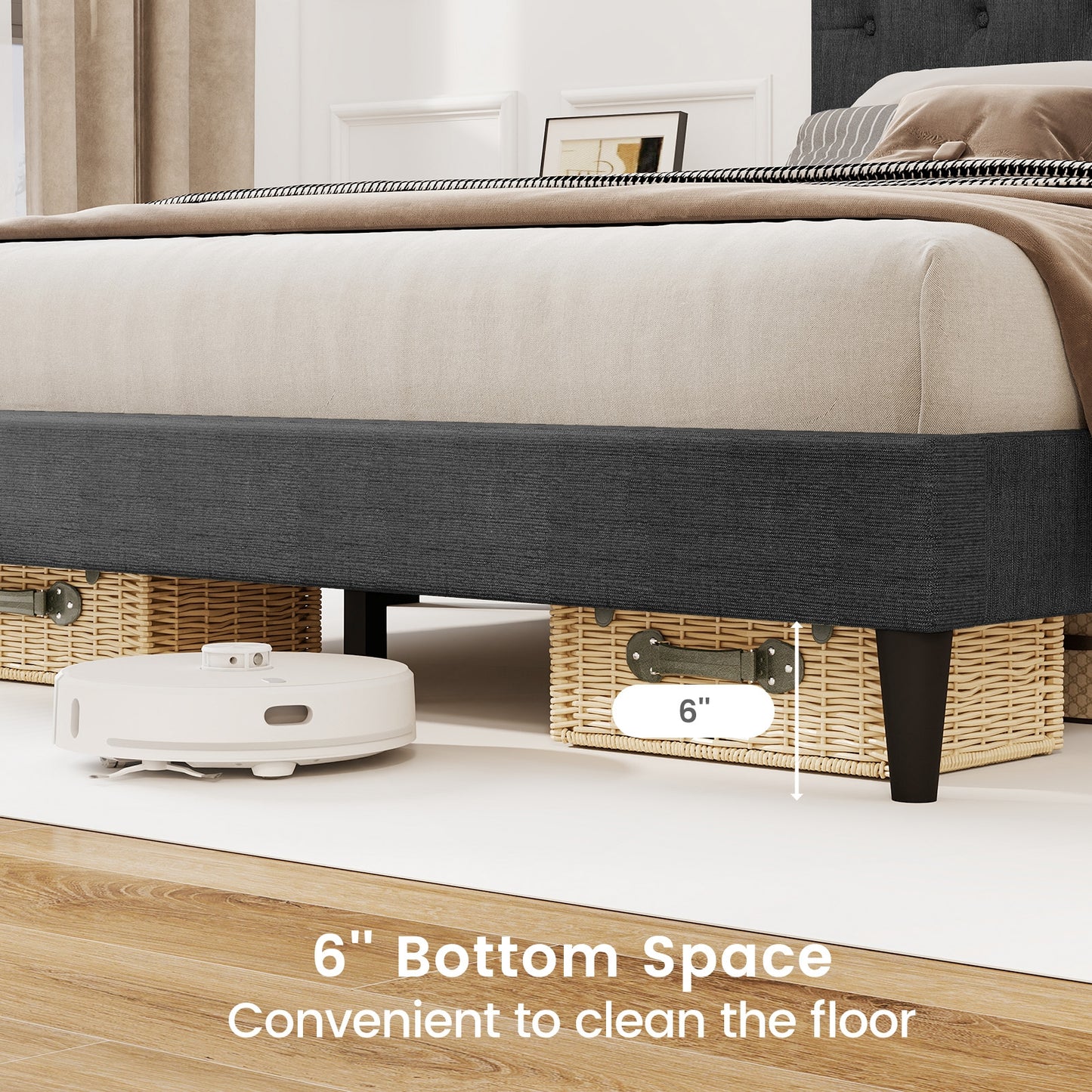 Upholstered Platform Bed with Tufted Headboard and Wooden Slats Gray-Queen Size Kids Crystal