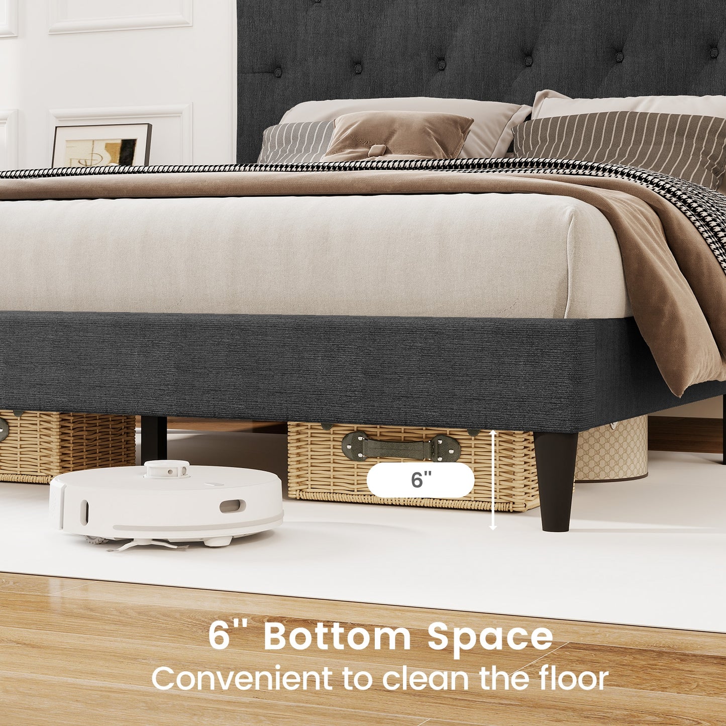 Upholstered Platform Bed with Tufted Headboard and Wooden Slats Gray-Full Size Kids Crystal