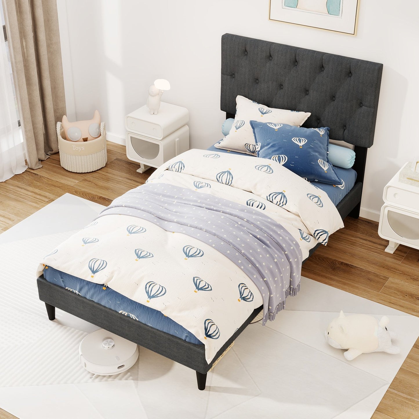 Upholstered Platform Bed with Tufted Headboard and Wooden Slats Gray-Twin Size Kids Crystal