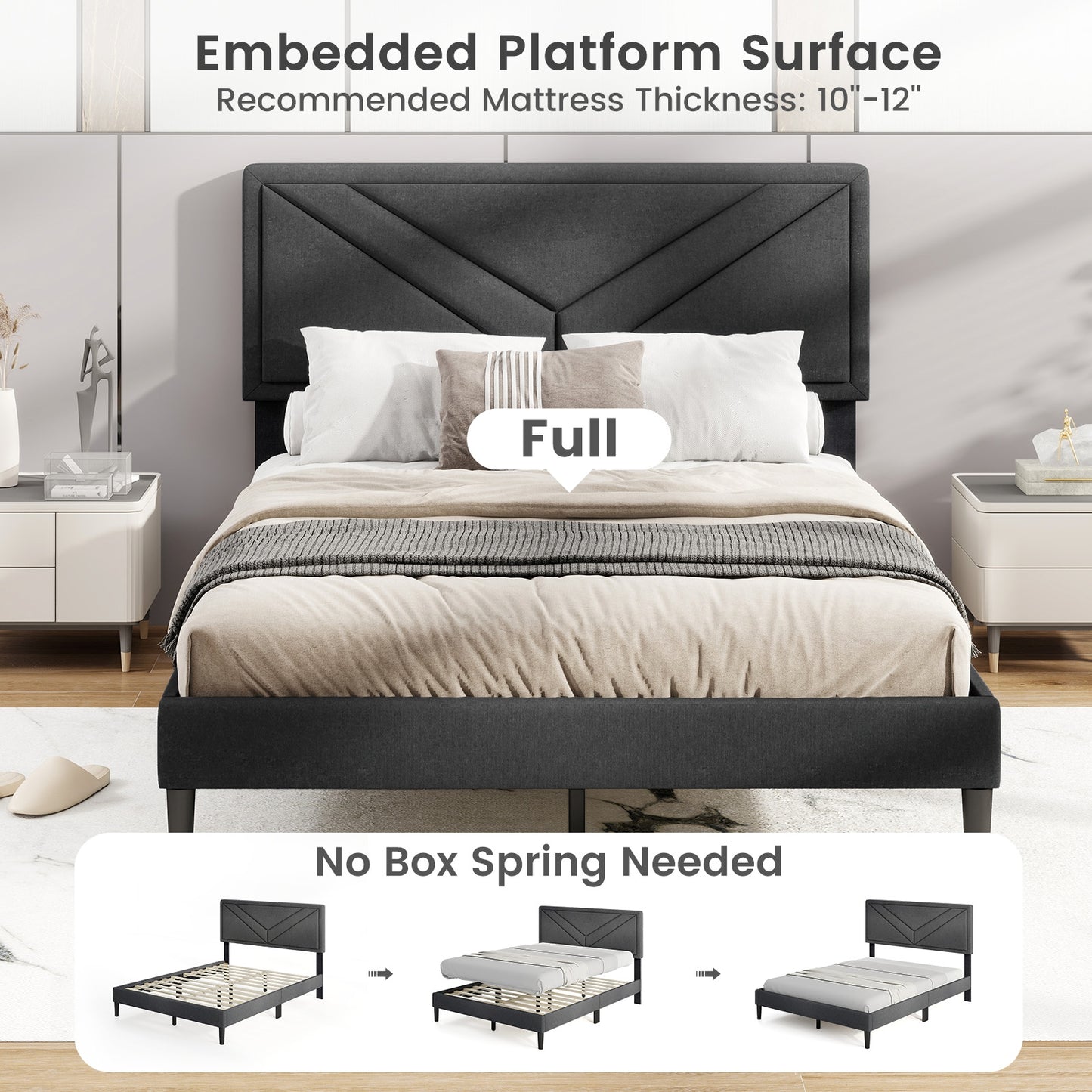 Upholstered Platform Bed with Tufted Headboard and Wooden Slats-Full Size Kids Crystal