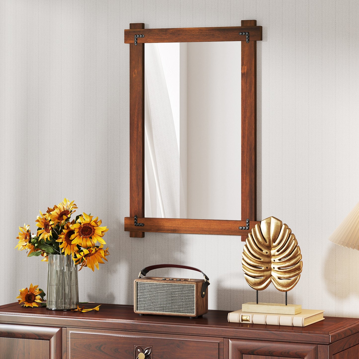 Wood Framed Mirror with Acacia Wood Frame and Vintage Rivet Design Brown-M Kids Crystal