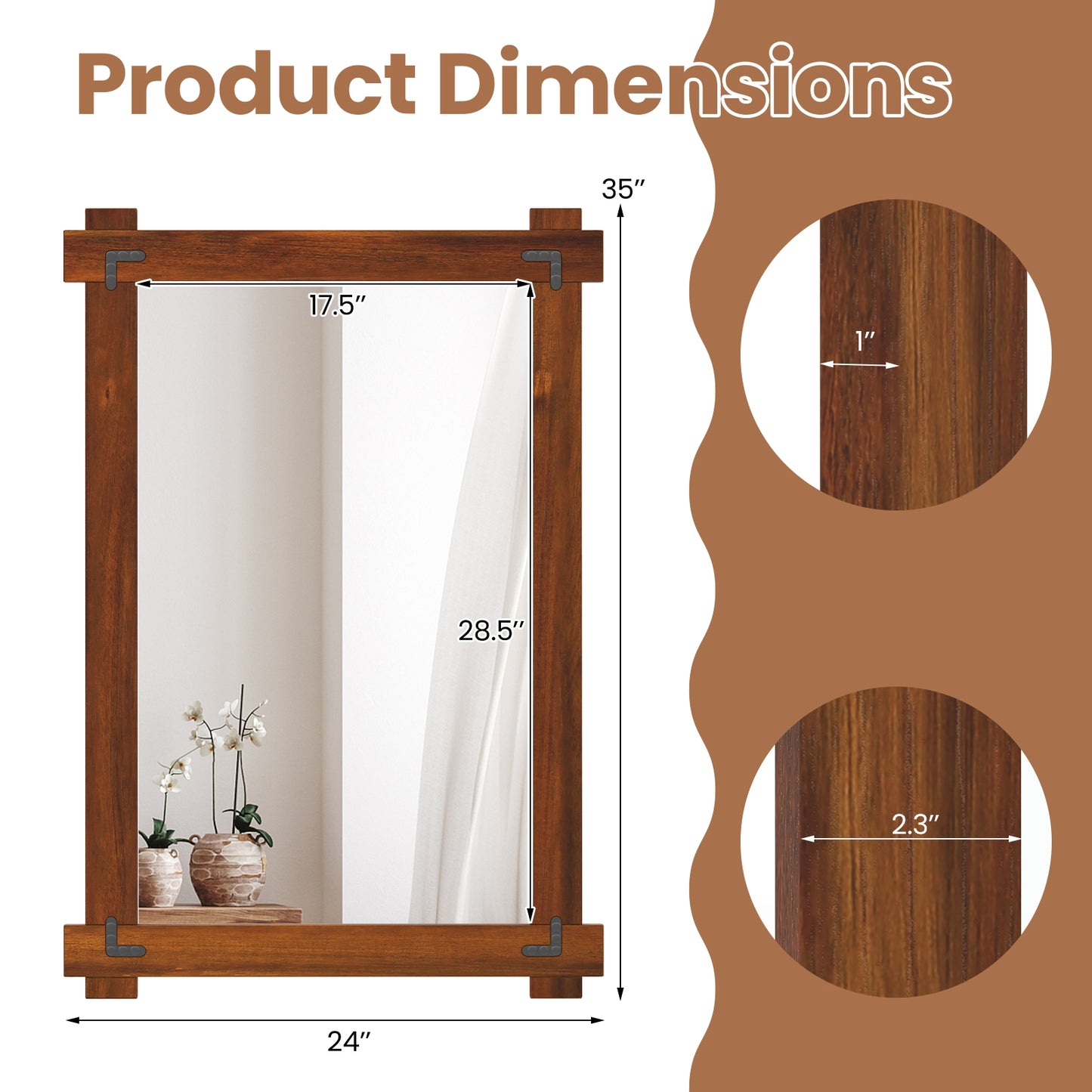 Wood Framed Mirror with Acacia Wood Frame and Vintage Rivet Design Brown-M Kids Crystal