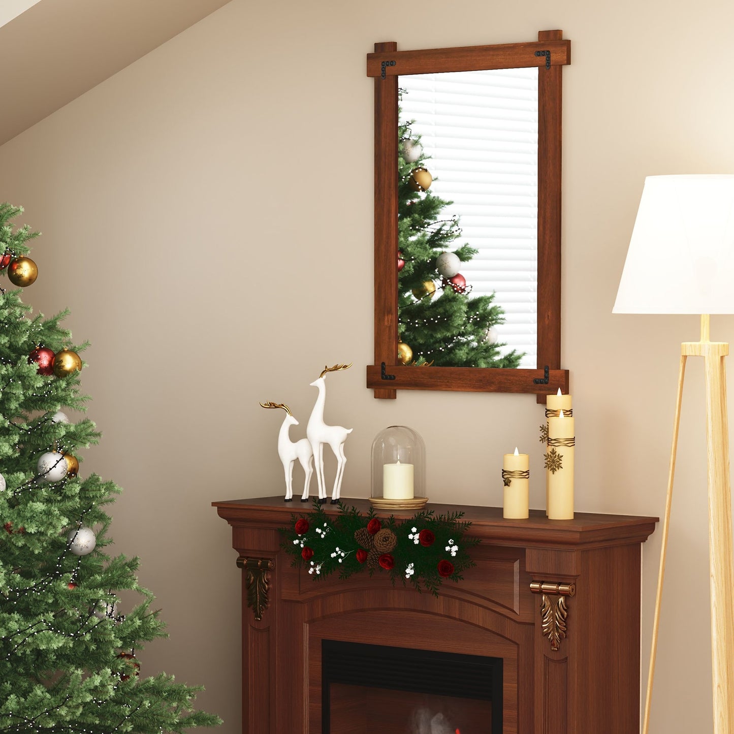 Wood Framed Mirror with Acacia Wood Frame and Vintage Rivet Design Brown-M Kids Crystal