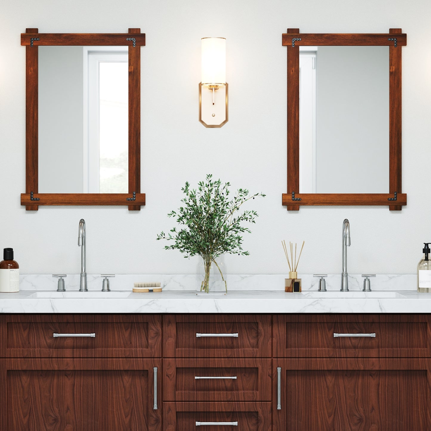 Wood Framed Mirror with Acacia Wood Frame and Vintage Rivet Design Brown-M Kids Crystal