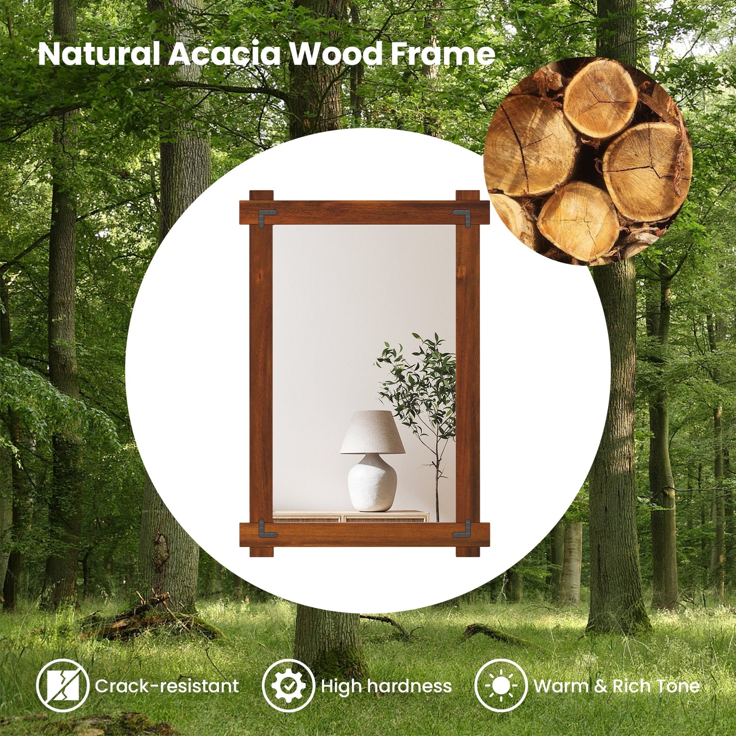 Wood Framed Mirror with Acacia Wood Frame and Vintage Rivet Design Brown-M Kids Crystal