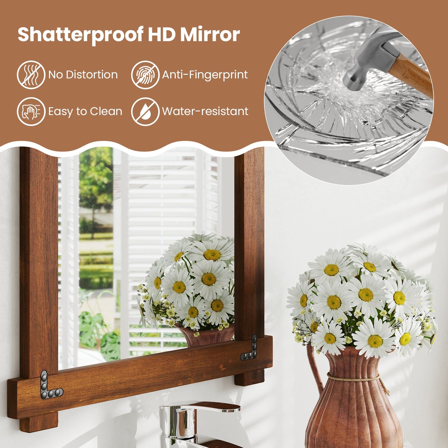Wood Framed Mirror with Acacia Wood Frame and Vintage Rivet Design Brown-M Kids Crystal