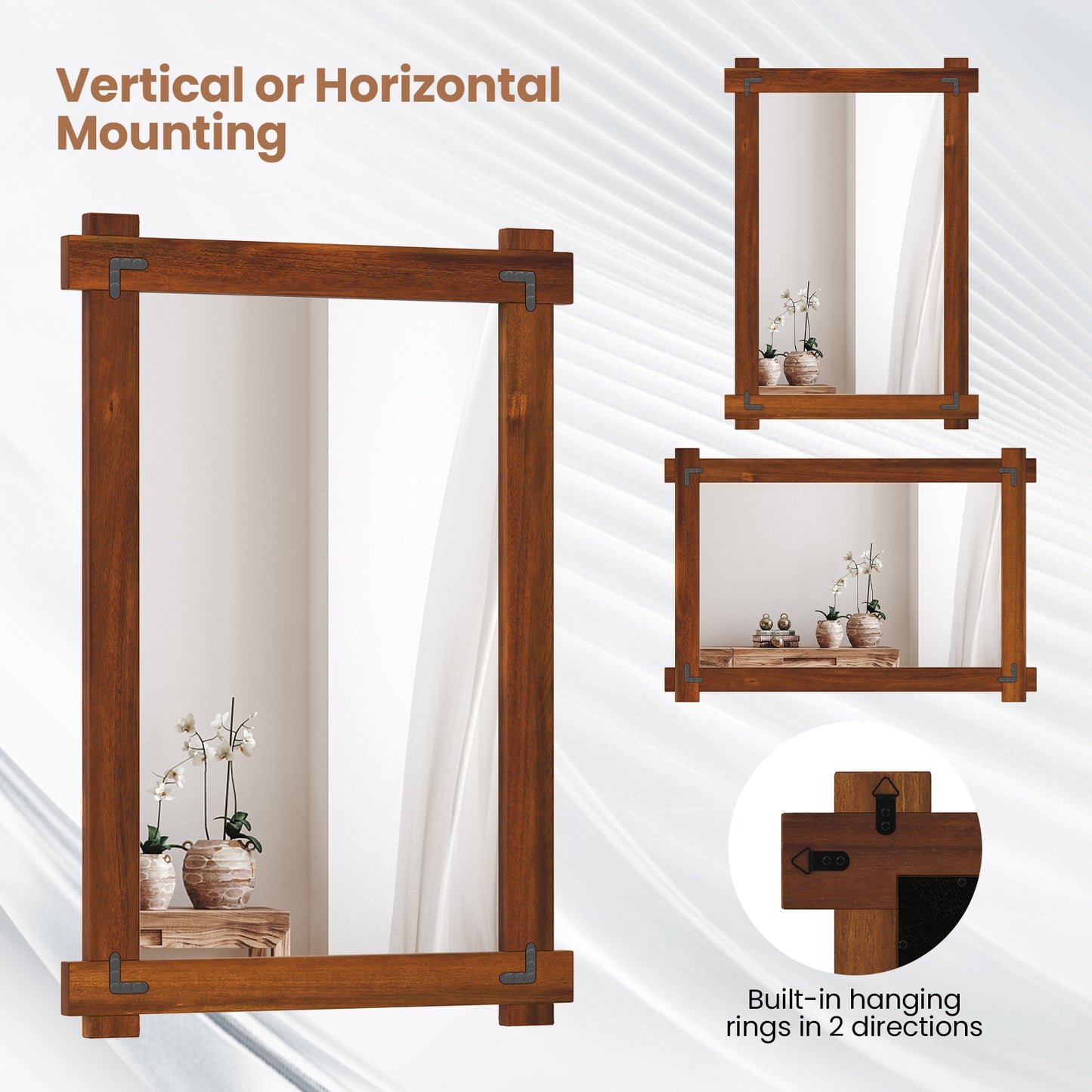 Wood Framed Mirror with Acacia Wood Frame and Vintage Rivet Design Brown-M Kids Crystal