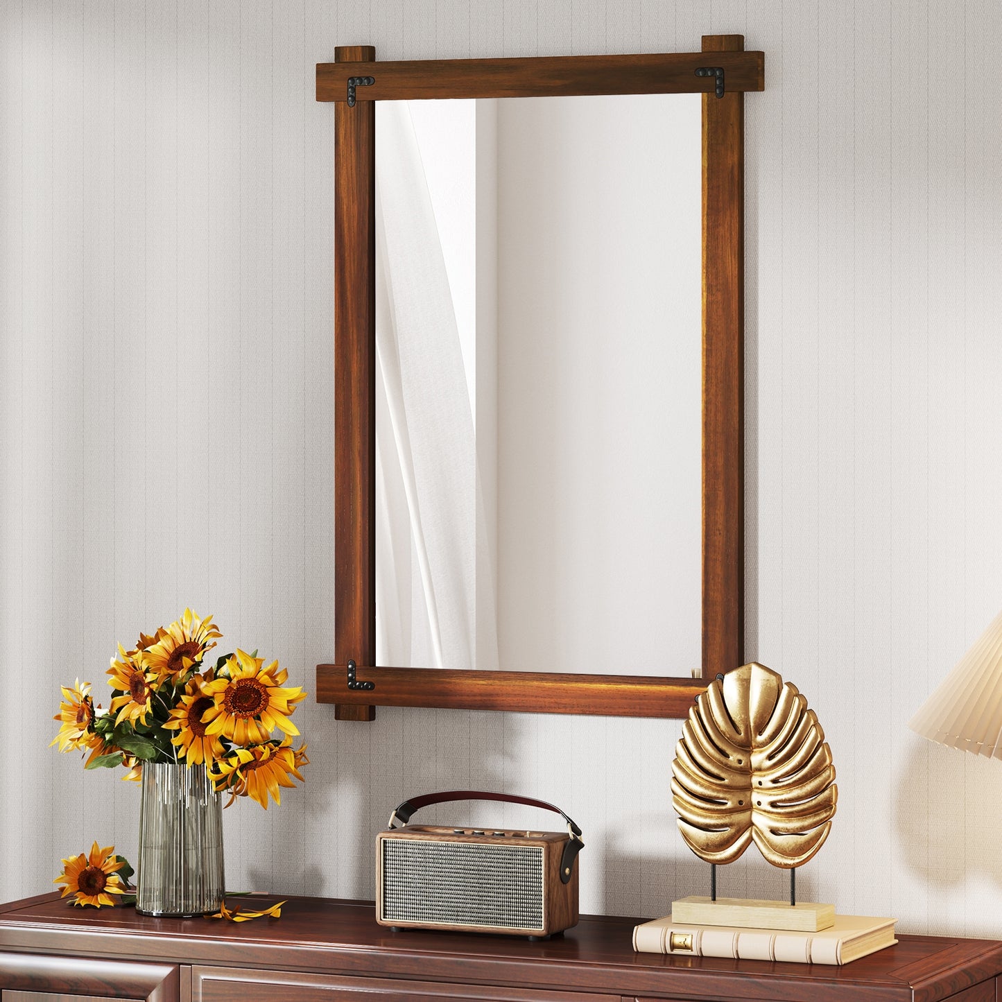 Wood Framed Mirror with Acacia Wood Frame and Vintage Rivet Design Brown-L Kids Crystal