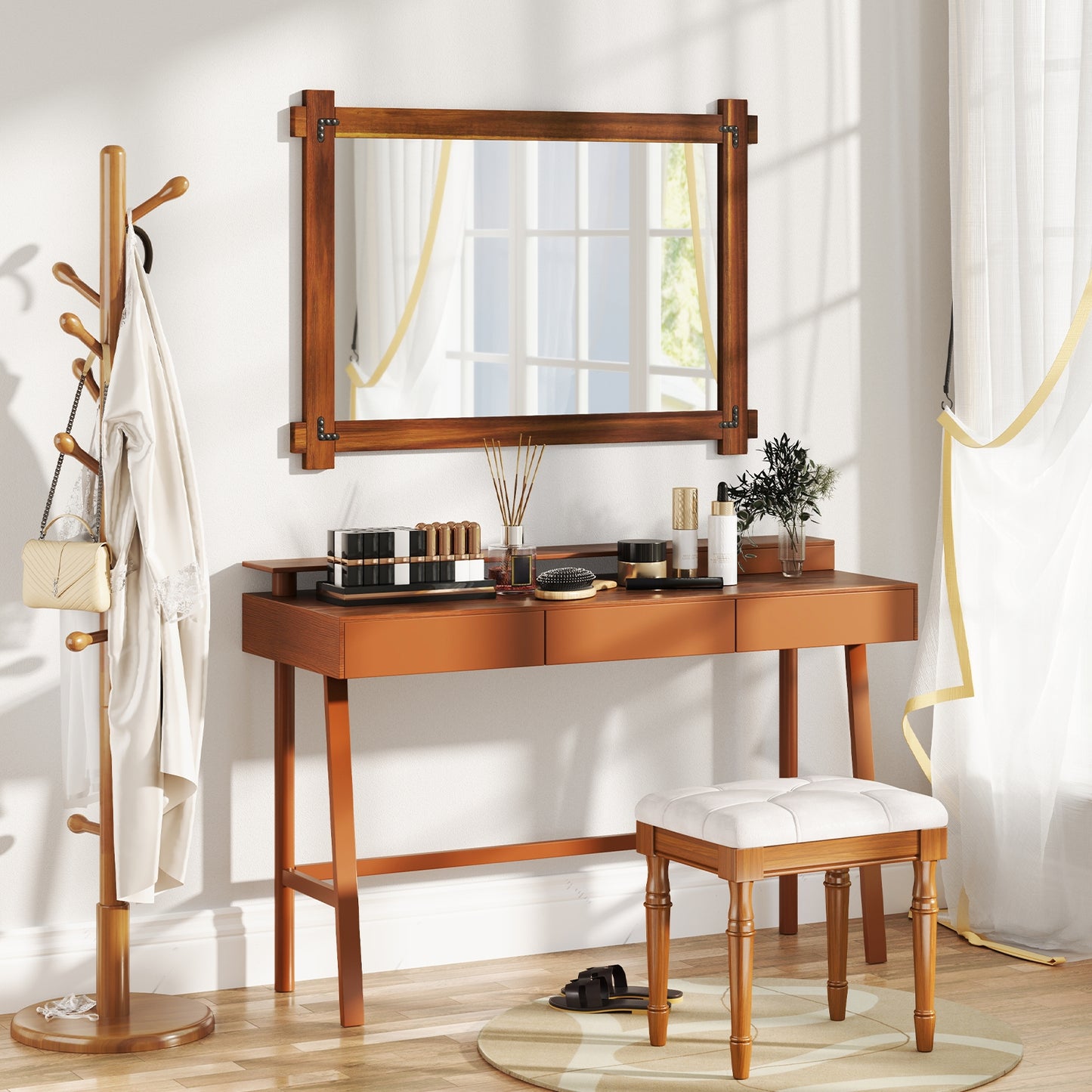 Wood Framed Mirror with Acacia Wood Frame and Vintage Rivet Design Brown-L Kids Crystal