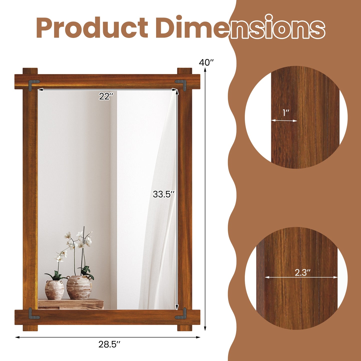Wood Framed Mirror with Acacia Wood Frame and Vintage Rivet Design Brown-L Kids Crystal