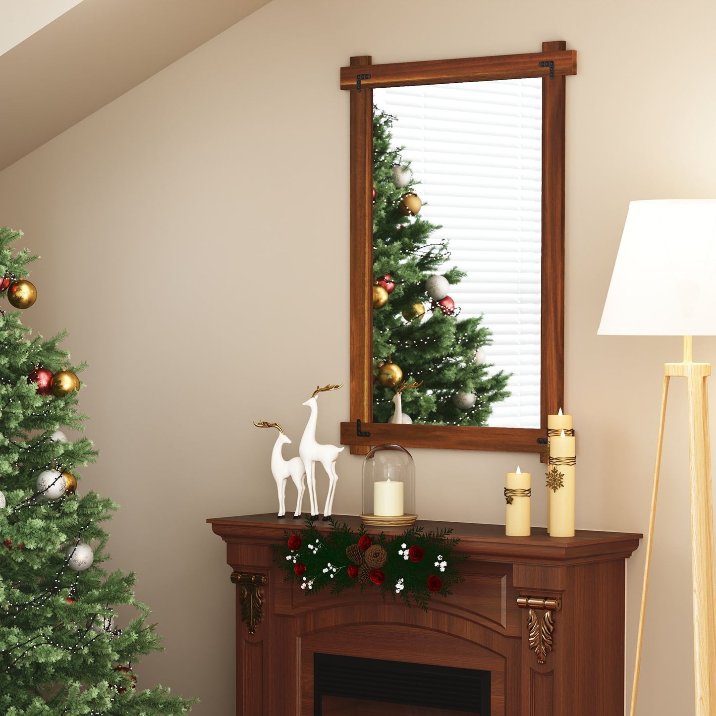 Wood Framed Mirror with Acacia Wood Frame and Vintage Rivet Design Brown-L Kids Crystal