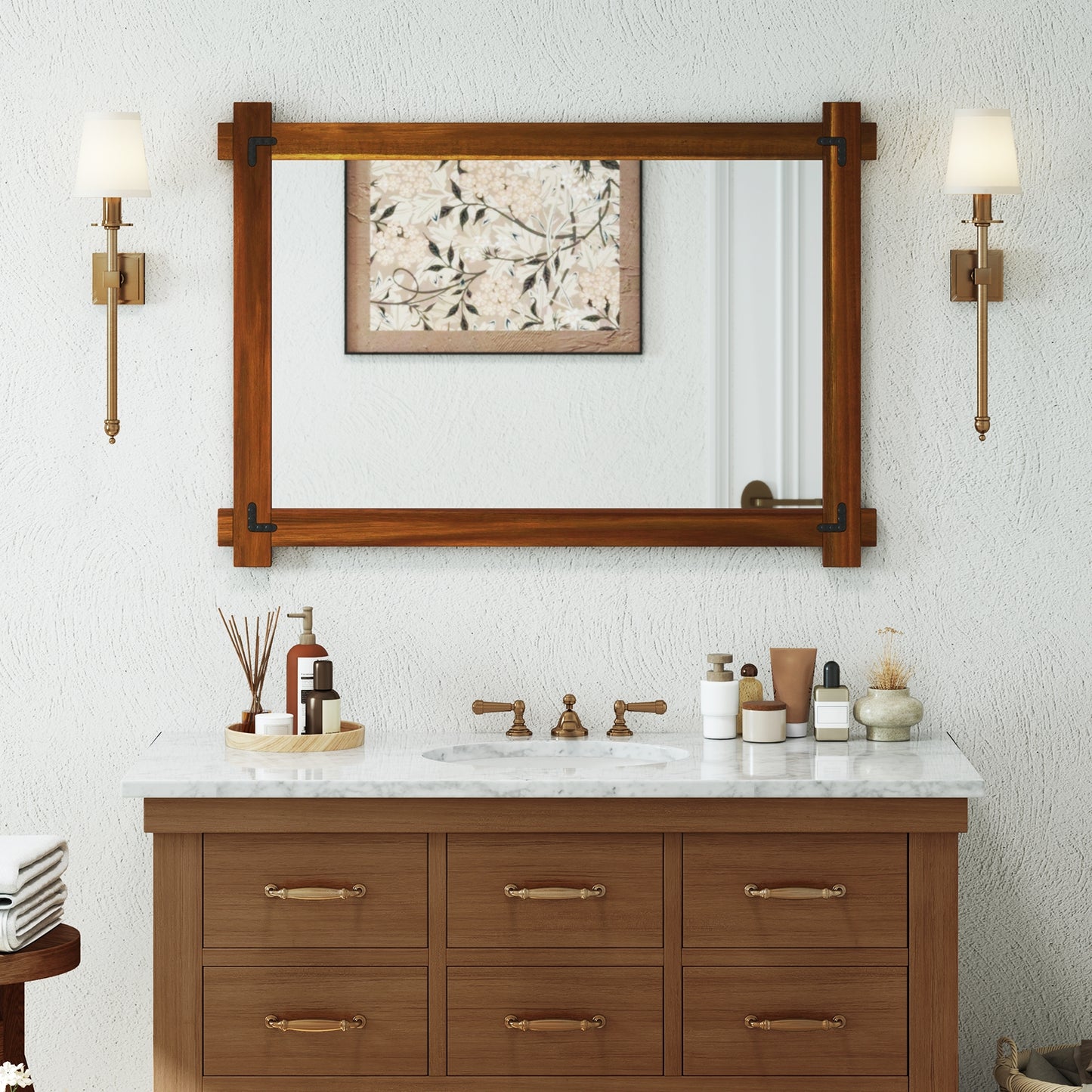 Wood Framed Mirror with Acacia Wood Frame and Vintage Rivet Design Brown-L Kids Crystal