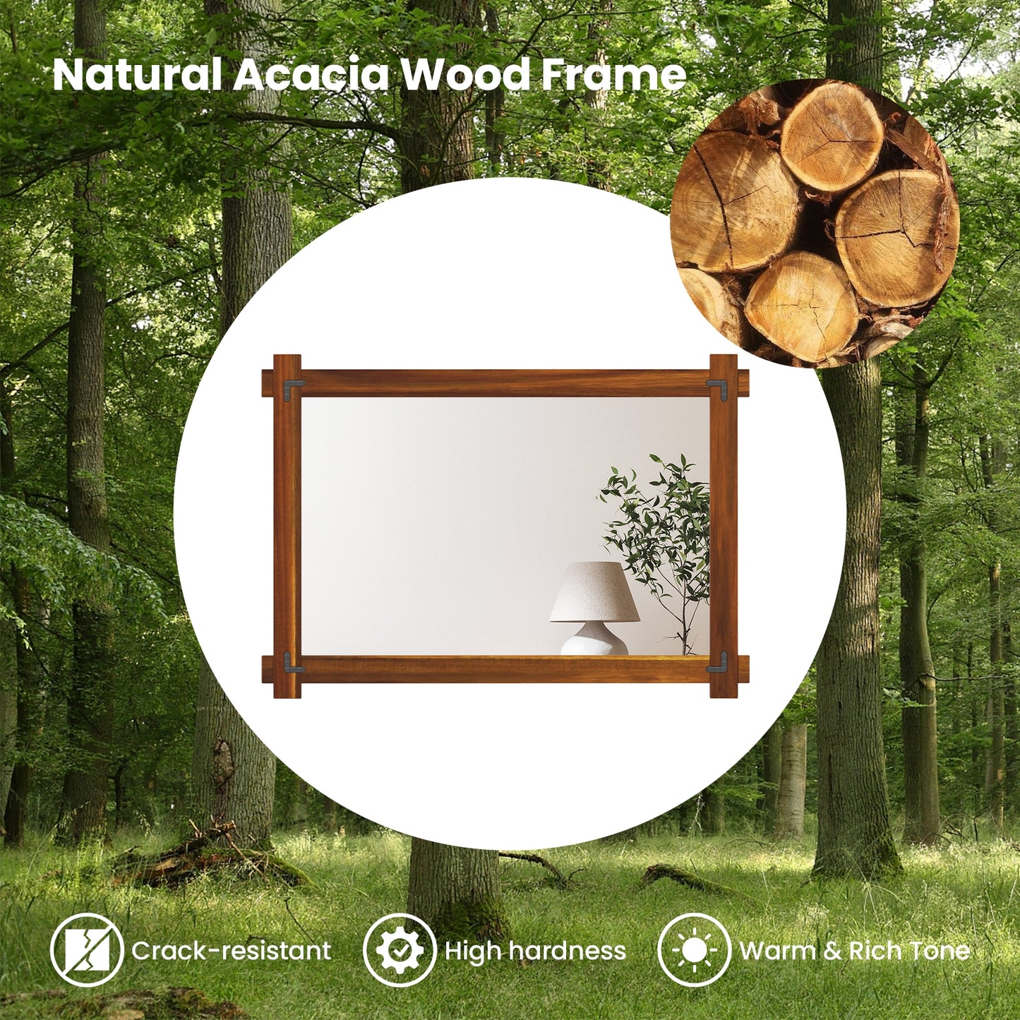 Wood Framed Mirror with Acacia Wood Frame and Vintage Rivet Design Brown-L Kids Crystal