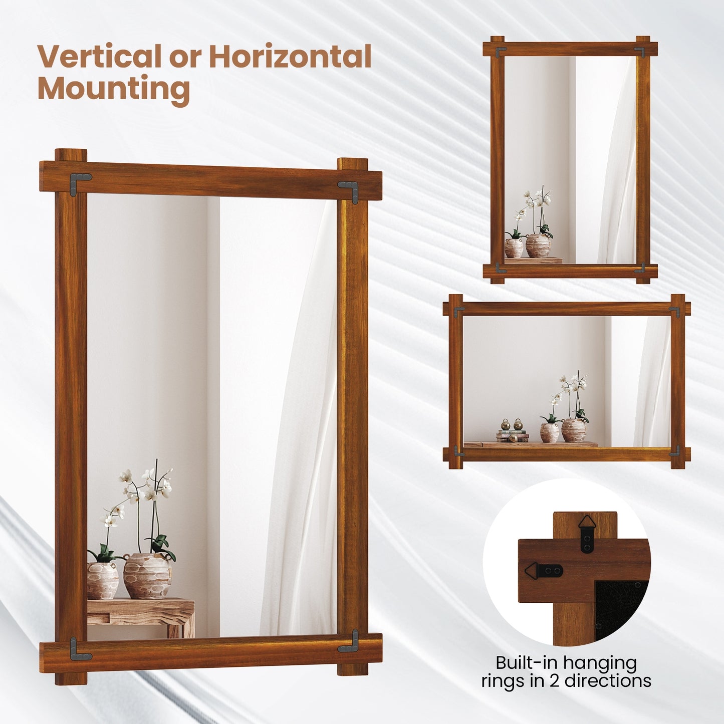 Wood Framed Mirror with Acacia Wood Frame and Vintage Rivet Design Brown-L Kids Crystal