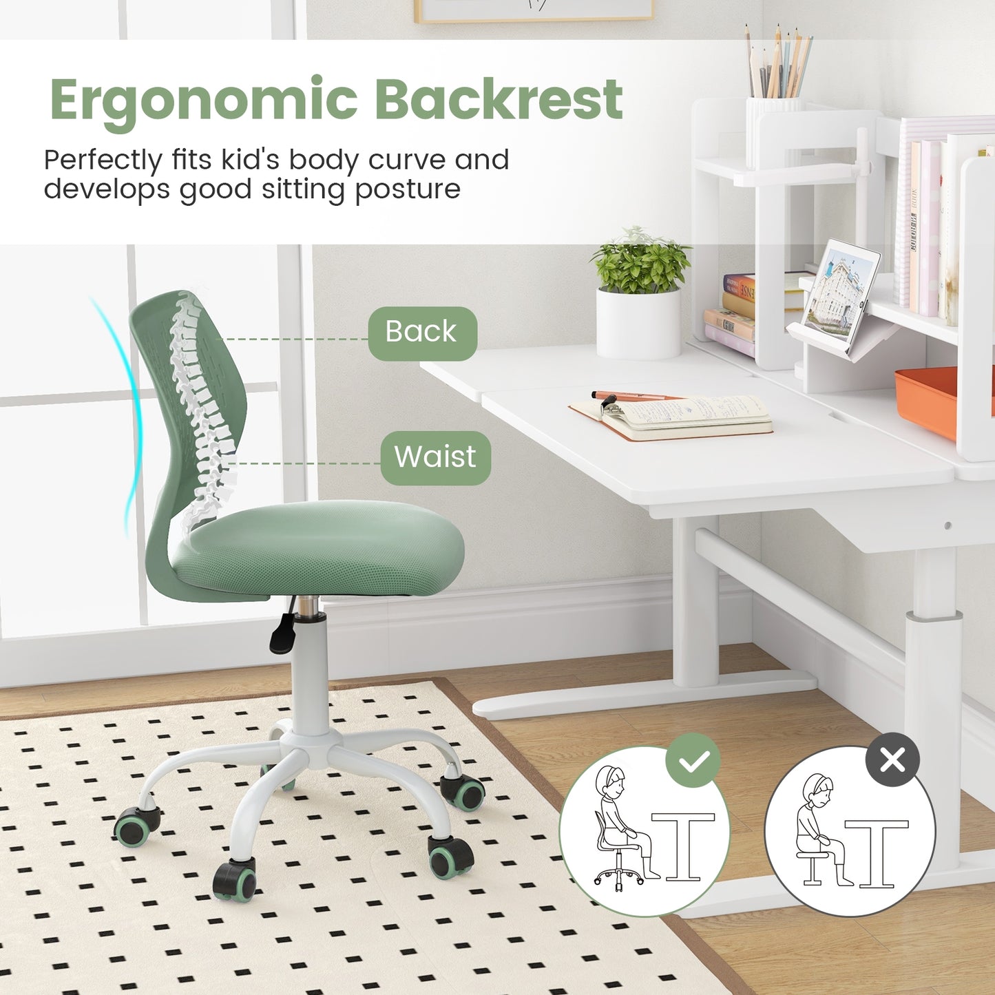 Ergonomic Children Study Chair with Adjustable Height-Green Kids Crystal