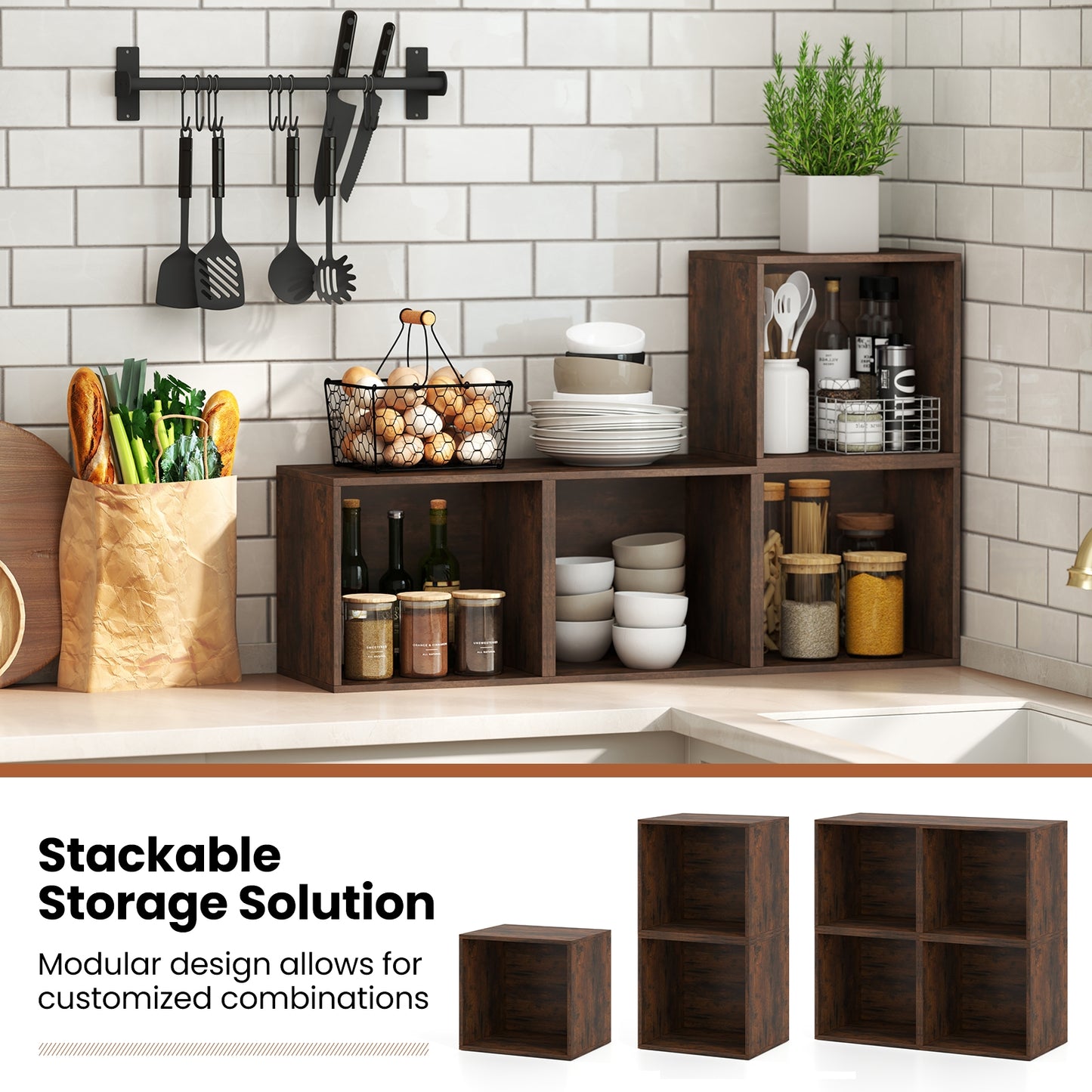 Cube Storage Organizer Stackable Open Book Shelf Wooden Display Shelving Unit-Rustic Brown Kids Crystal
