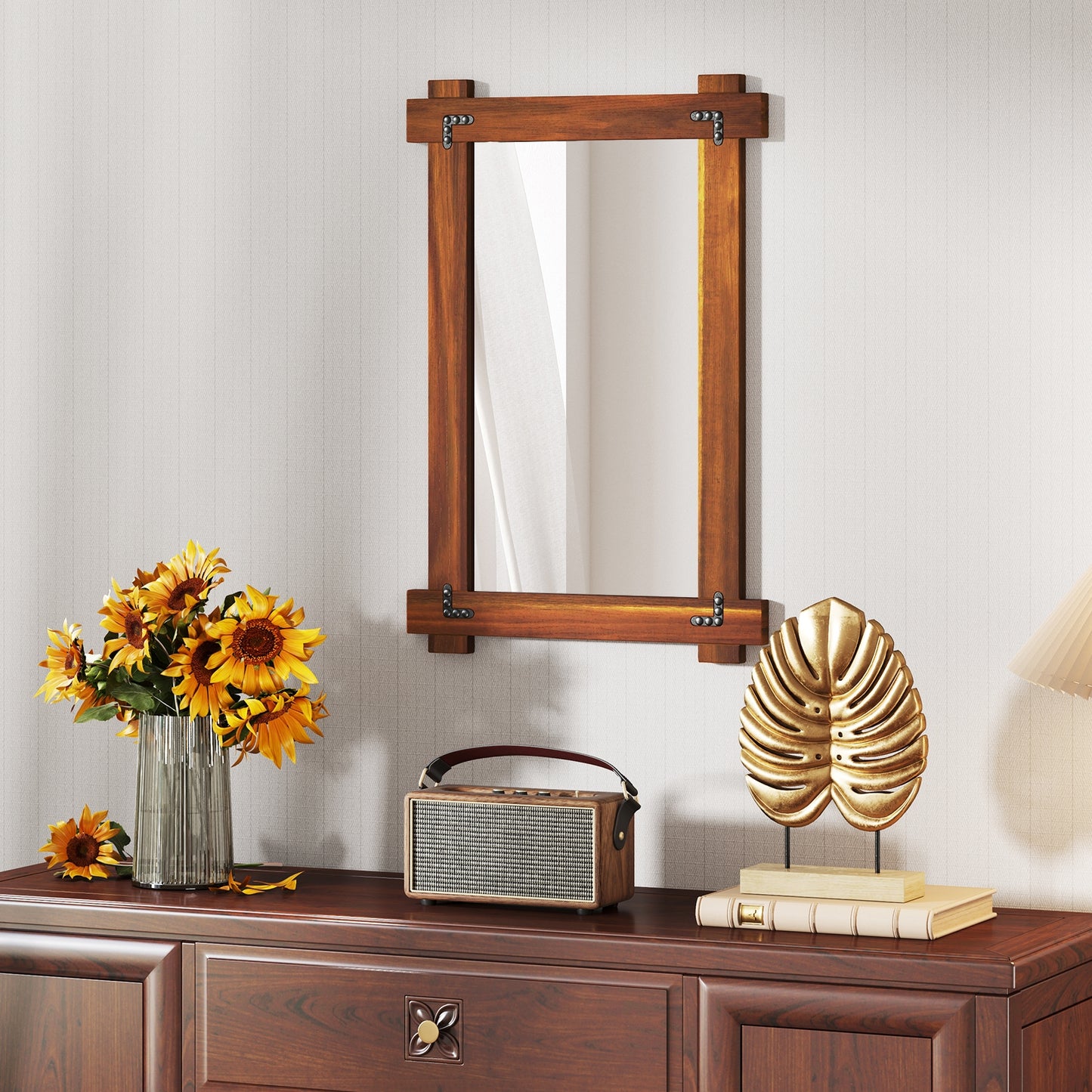 Wood Framed Mirror with Acacia Wood Frame and Vintage Rivet Design Brown-S Kids Crystal