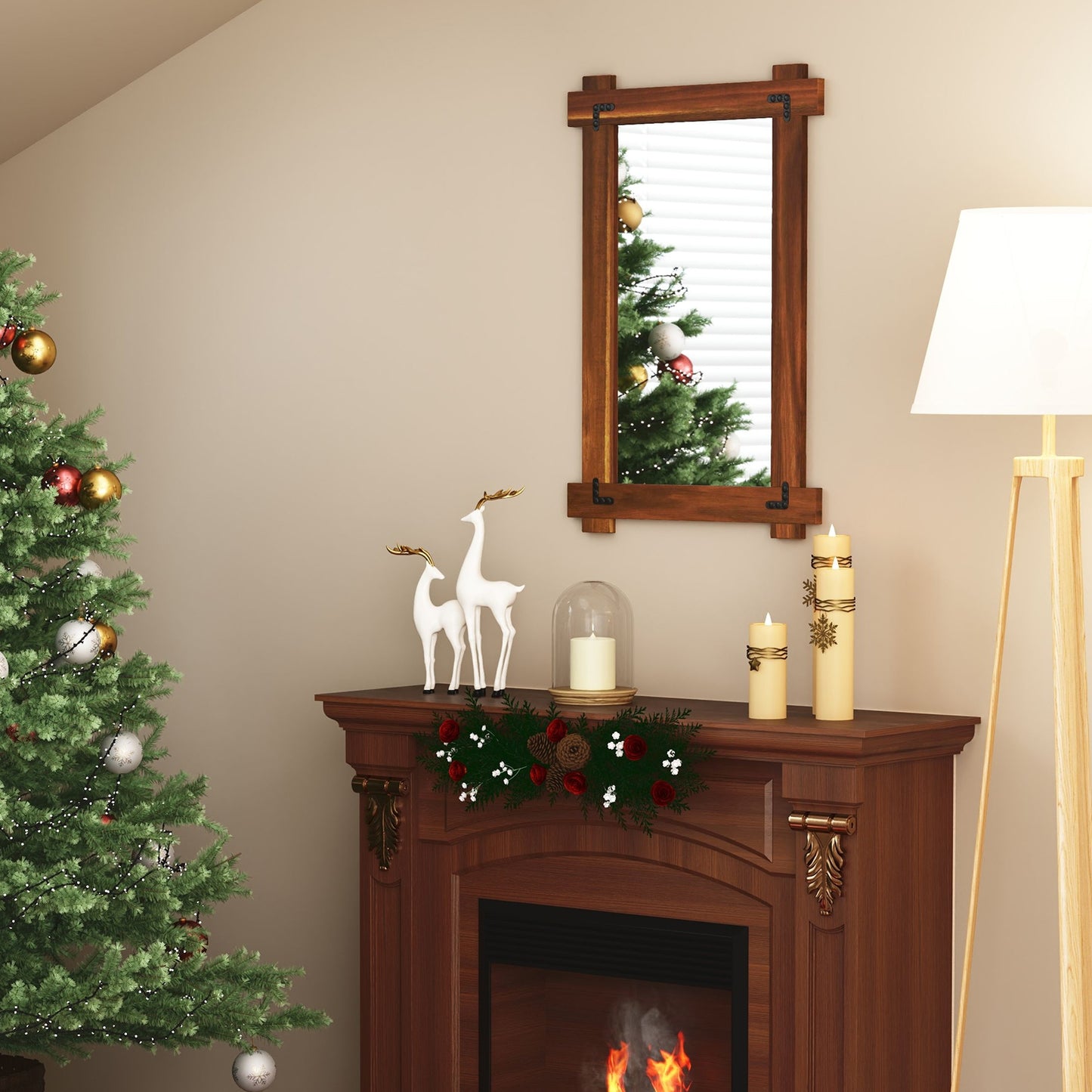 Wood Framed Mirror with Acacia Wood Frame and Vintage Rivet Design Brown-S Kids Crystal