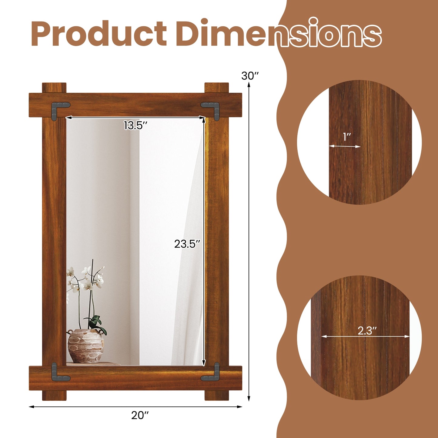 Wood Framed Mirror with Acacia Wood Frame and Vintage Rivet Design Brown-S Kids Crystal