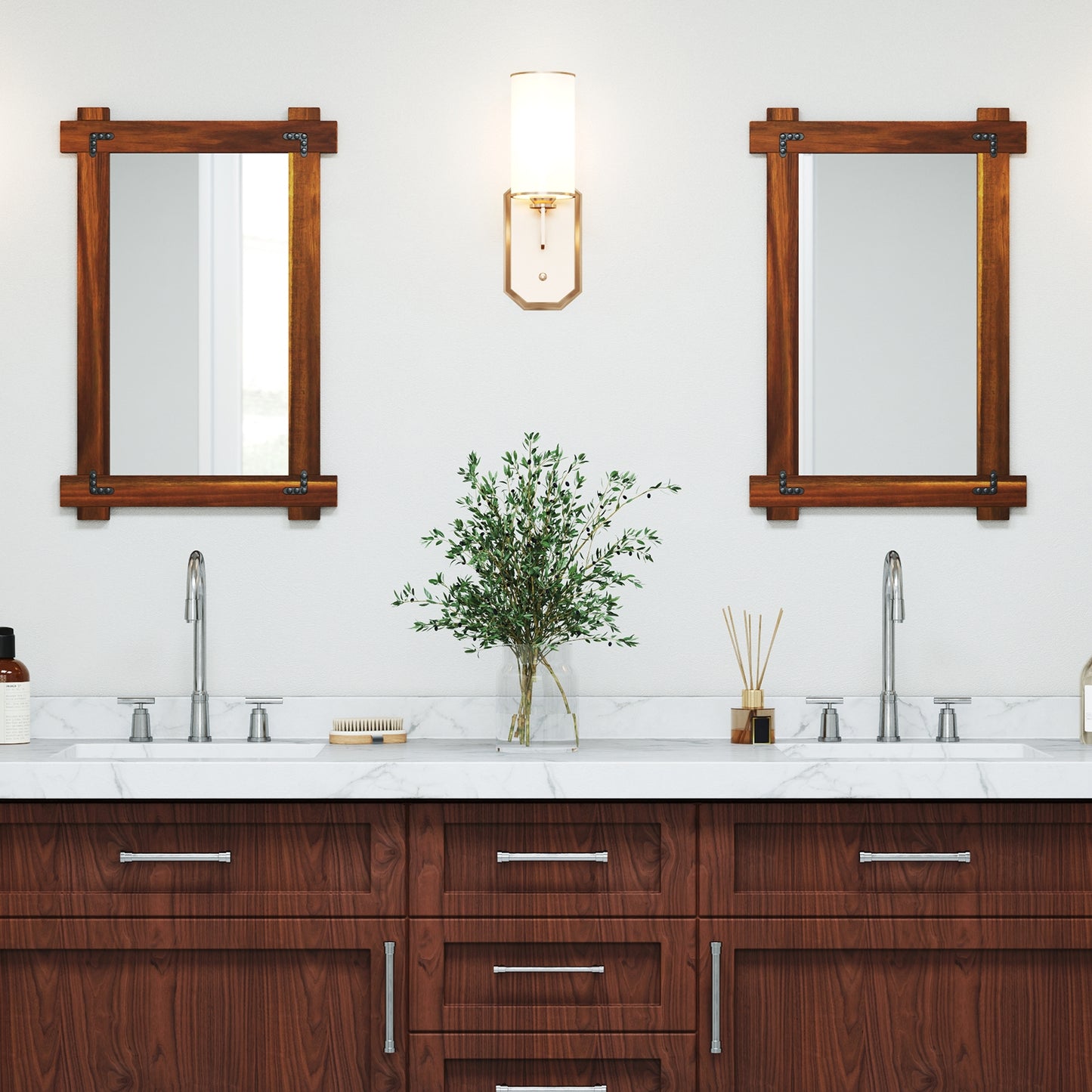 Wood Framed Mirror with Acacia Wood Frame and Vintage Rivet Design Brown-S Kids Crystal