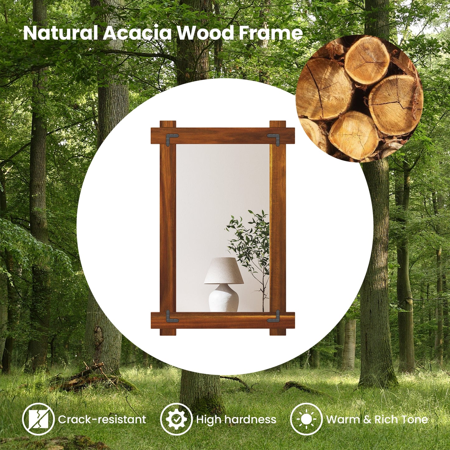 Wood Framed Mirror with Acacia Wood Frame and Vintage Rivet Design Brown-S Kids Crystal