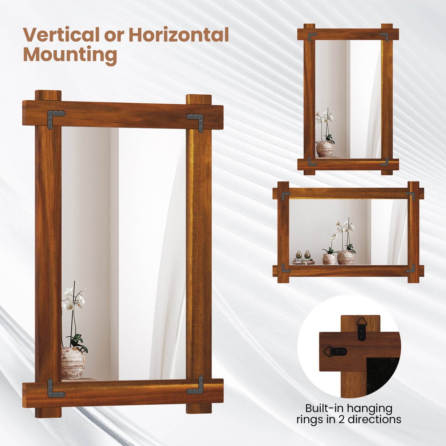 Wood Framed Mirror with Acacia Wood Frame and Vintage Rivet Design Brown-S Kids Crystal