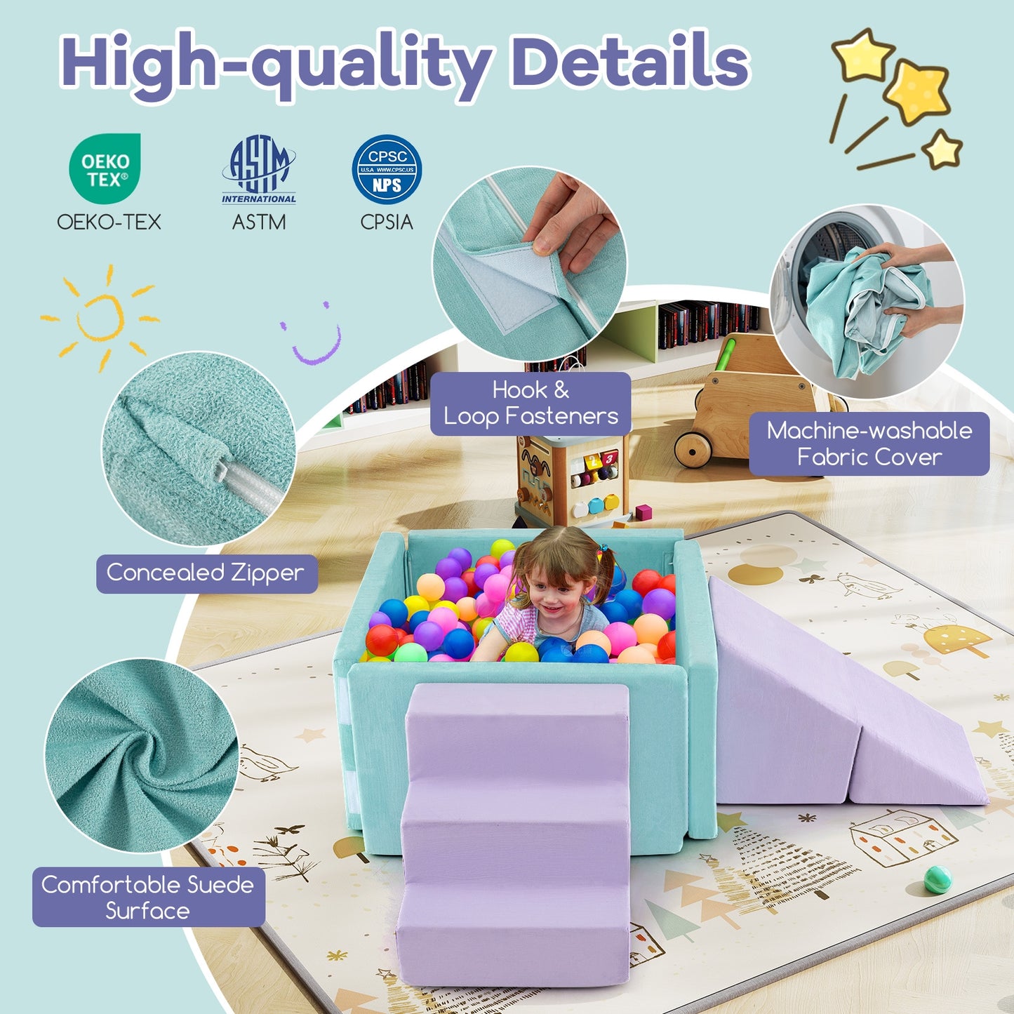 3-in-1 Suede Fabric Soft Play Set Foam Climbing Blocks for Toddlers-Purple Kids Crystal