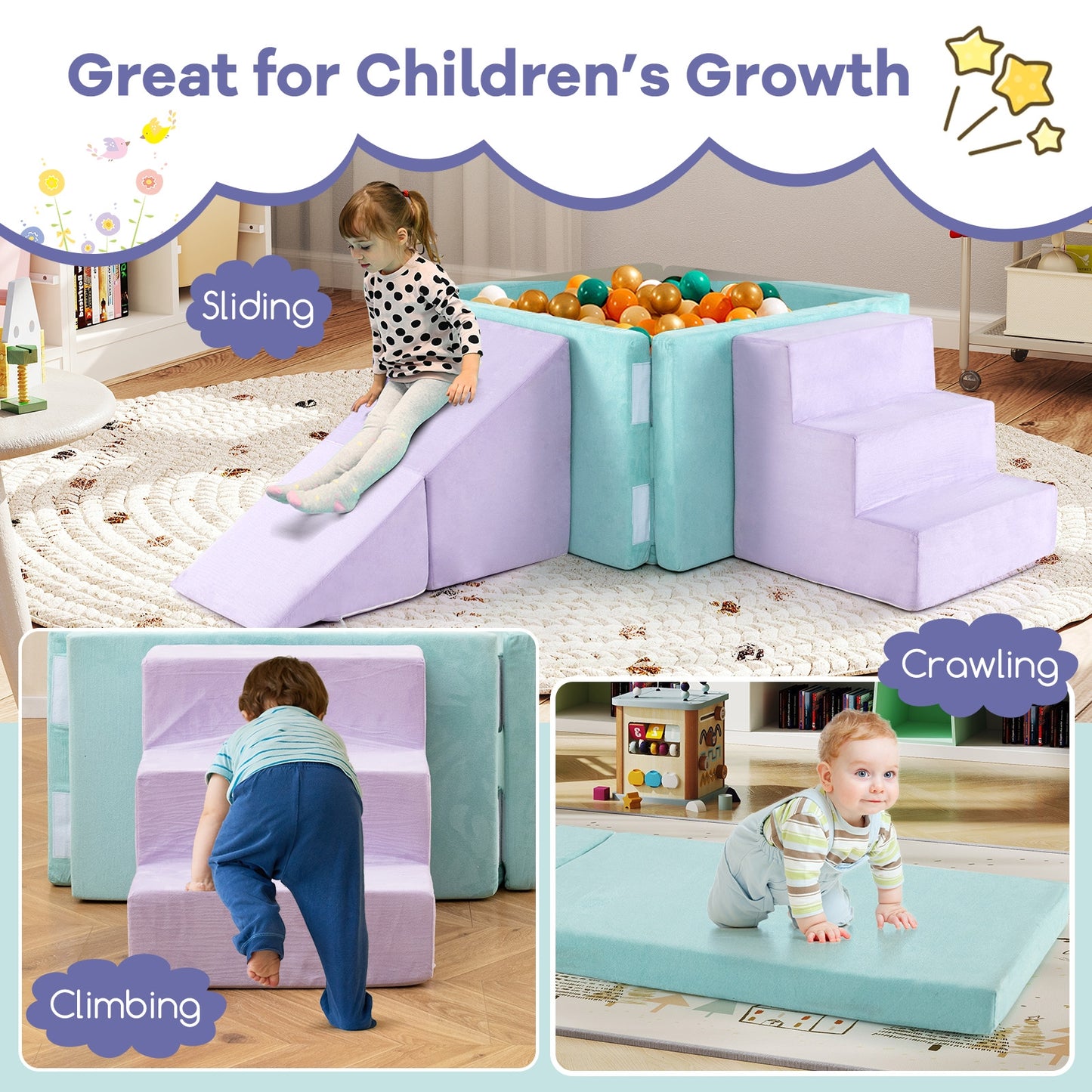 3-in-1 Suede Fabric Soft Play Set Foam Climbing Blocks for Toddlers-Purple Kids Crystal
