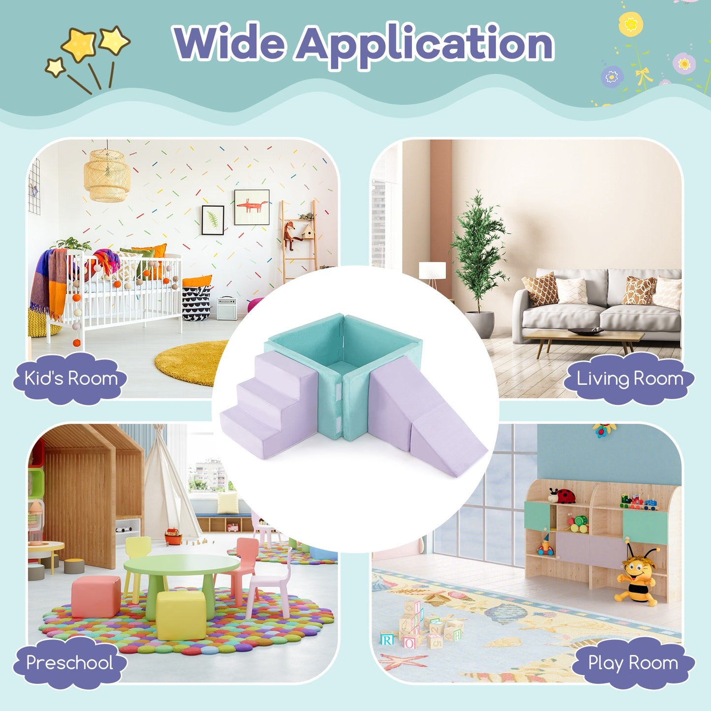 3-in-1 Suede Fabric Soft Play Set Foam Climbing Blocks for Toddlers-Purple Kids Crystal