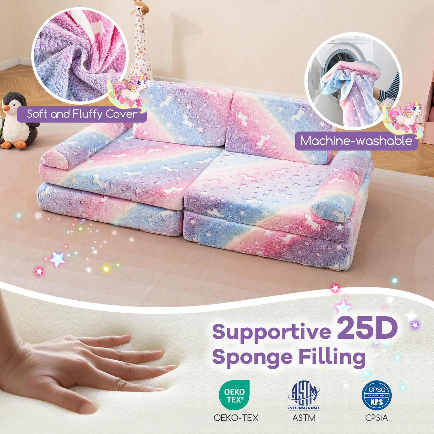 8 Pieces Modular Kids Play Couch Glow in the Dark Toddler Sectional Sofa-Multicolor Kids Crystal