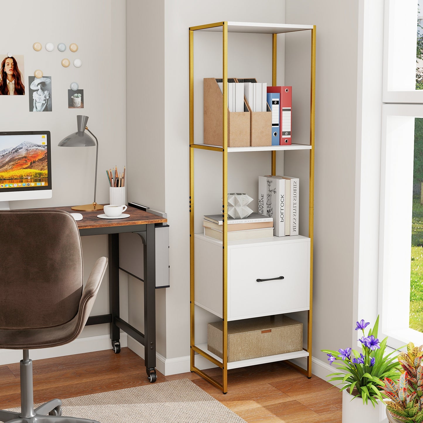 5-Tier Narrow Bookcase with 4 Open Shelves and Storage Drawer-White Kids Crystal