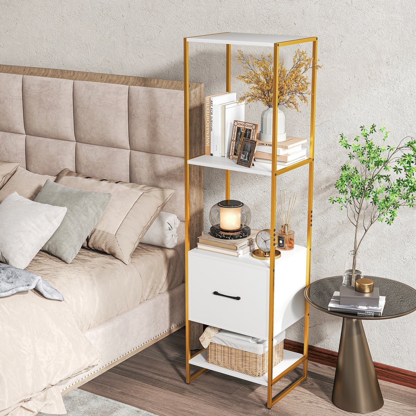 5-Tier Narrow Bookcase with 4 Open Shelves and Storage Drawer-White Kids Crystal