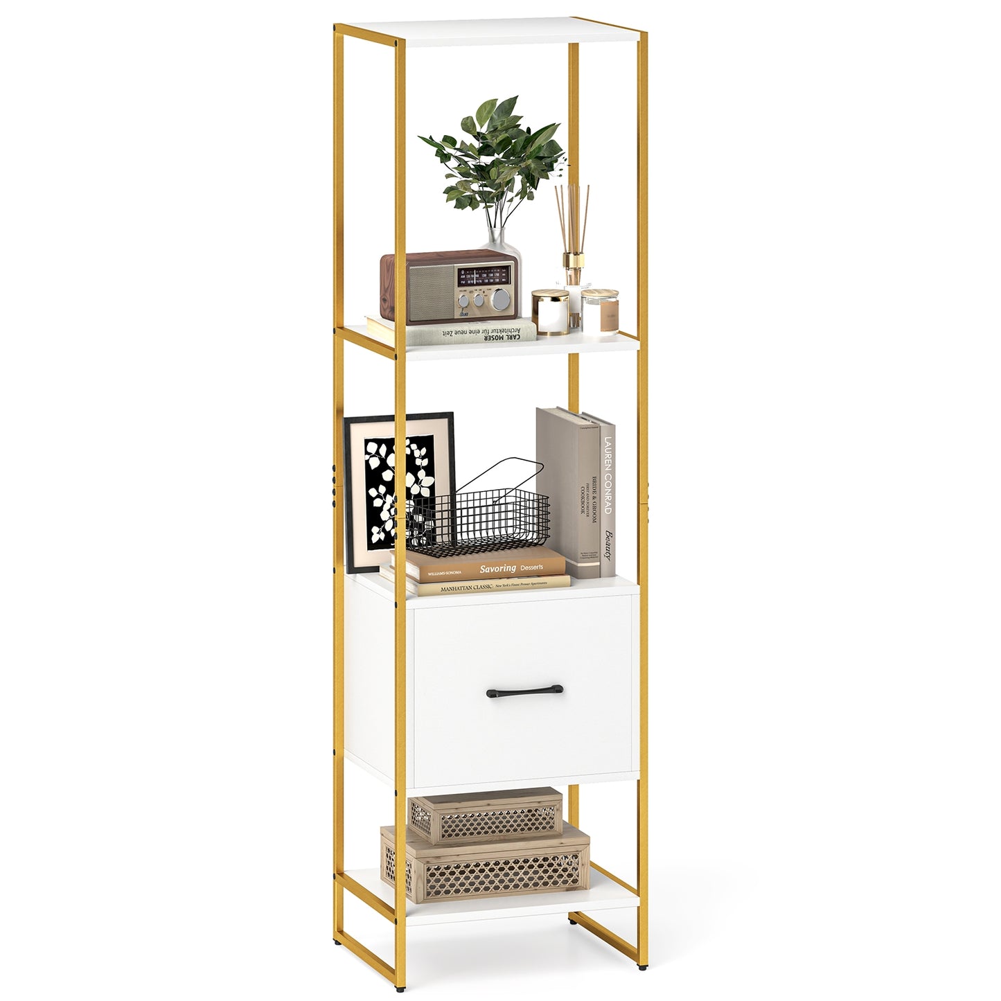 5-Tier Narrow Bookcase with 4 Open Shelves and Storage Drawer-White Kids Crystal