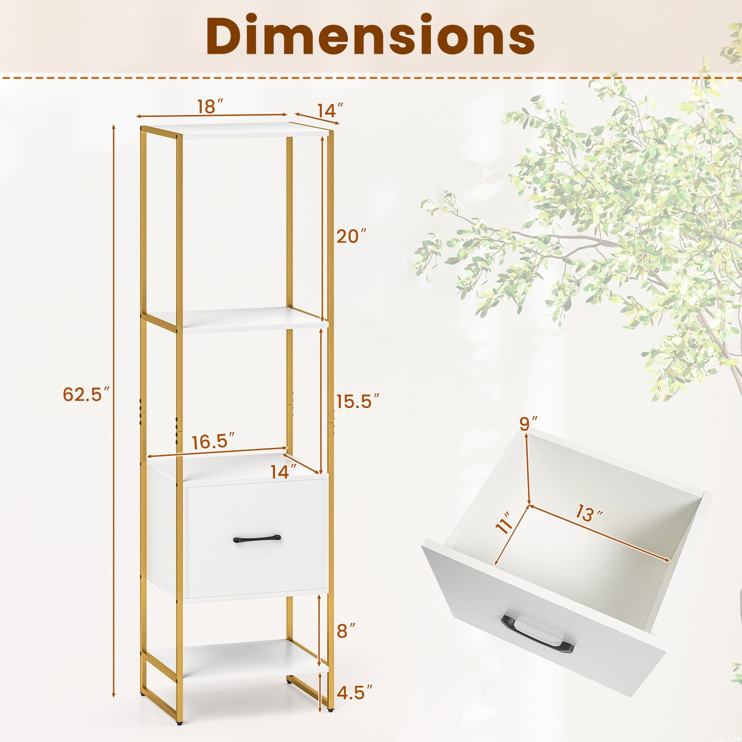 5-Tier Narrow Bookcase with 4 Open Shelves and Storage Drawer-White Kids Crystal