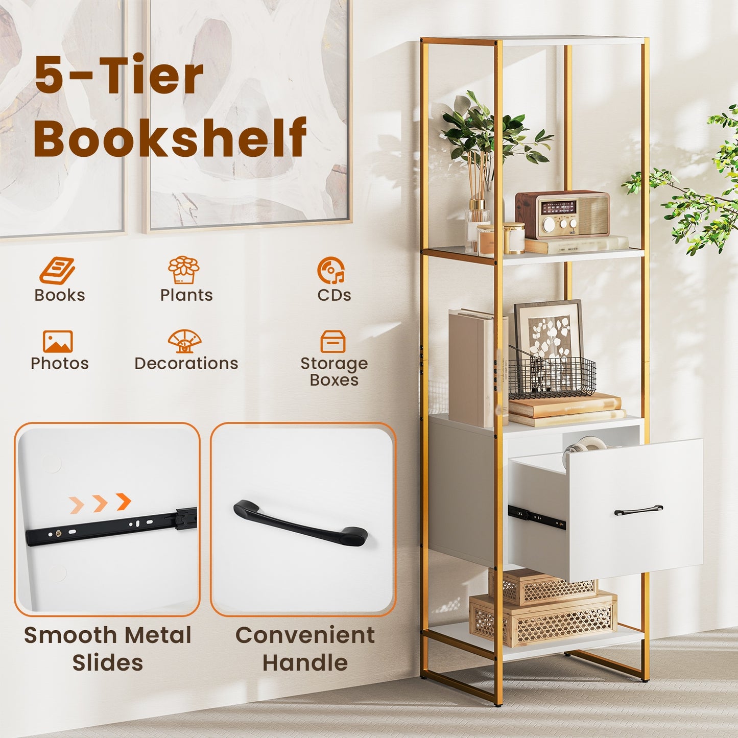 5-Tier Narrow Bookcase with 4 Open Shelves and Storage Drawer-White Kids Crystal