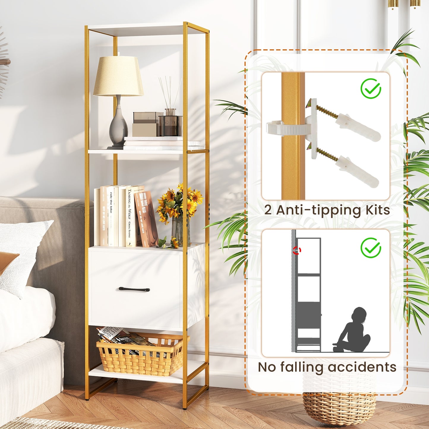 5-Tier Narrow Bookcase with 4 Open Shelves and Storage Drawer-White Kids Crystal