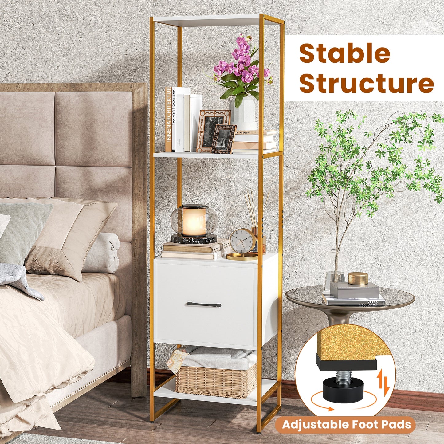 5-Tier Narrow Bookcase with 4 Open Shelves and Storage Drawer-White Kids Crystal