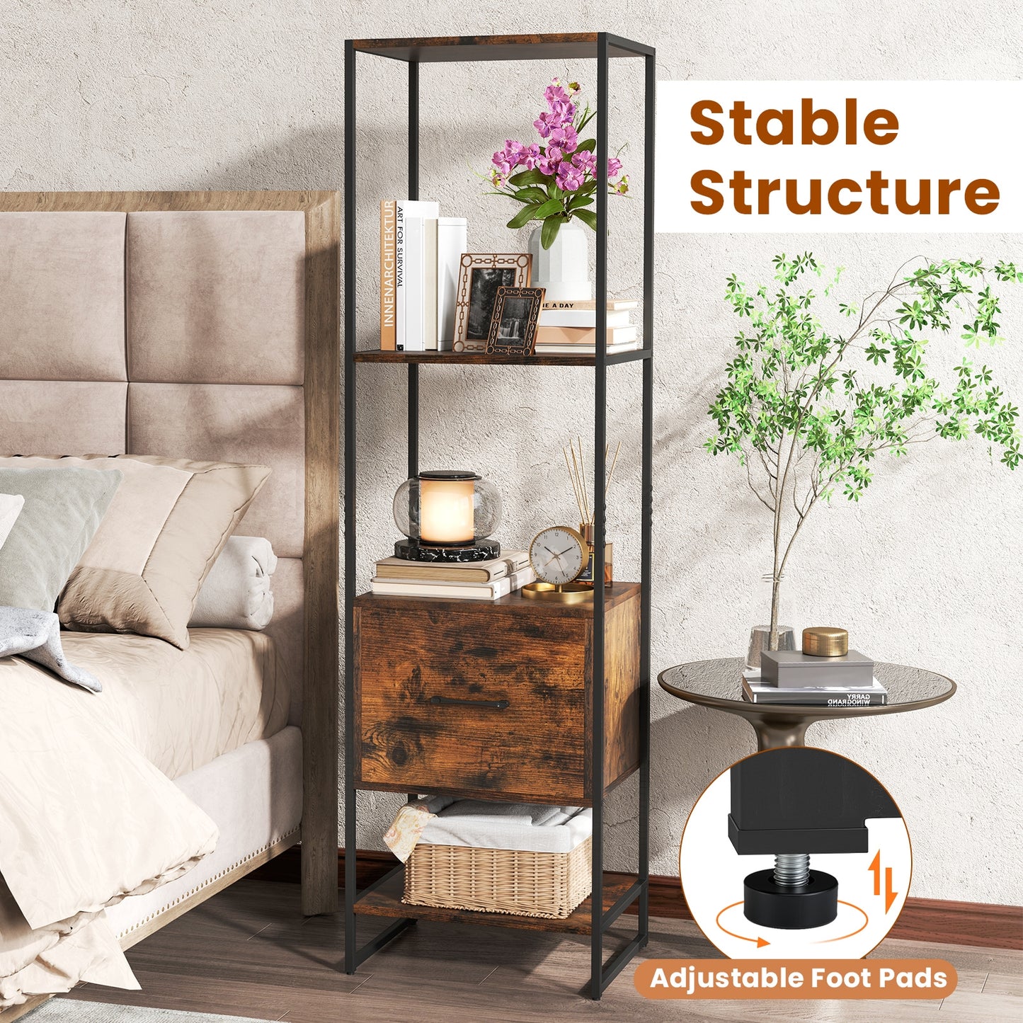 5-Tier Narrow Bookcase with 4 Open Shelves and Storage Drawer-Rustic Brown Kids Crystal