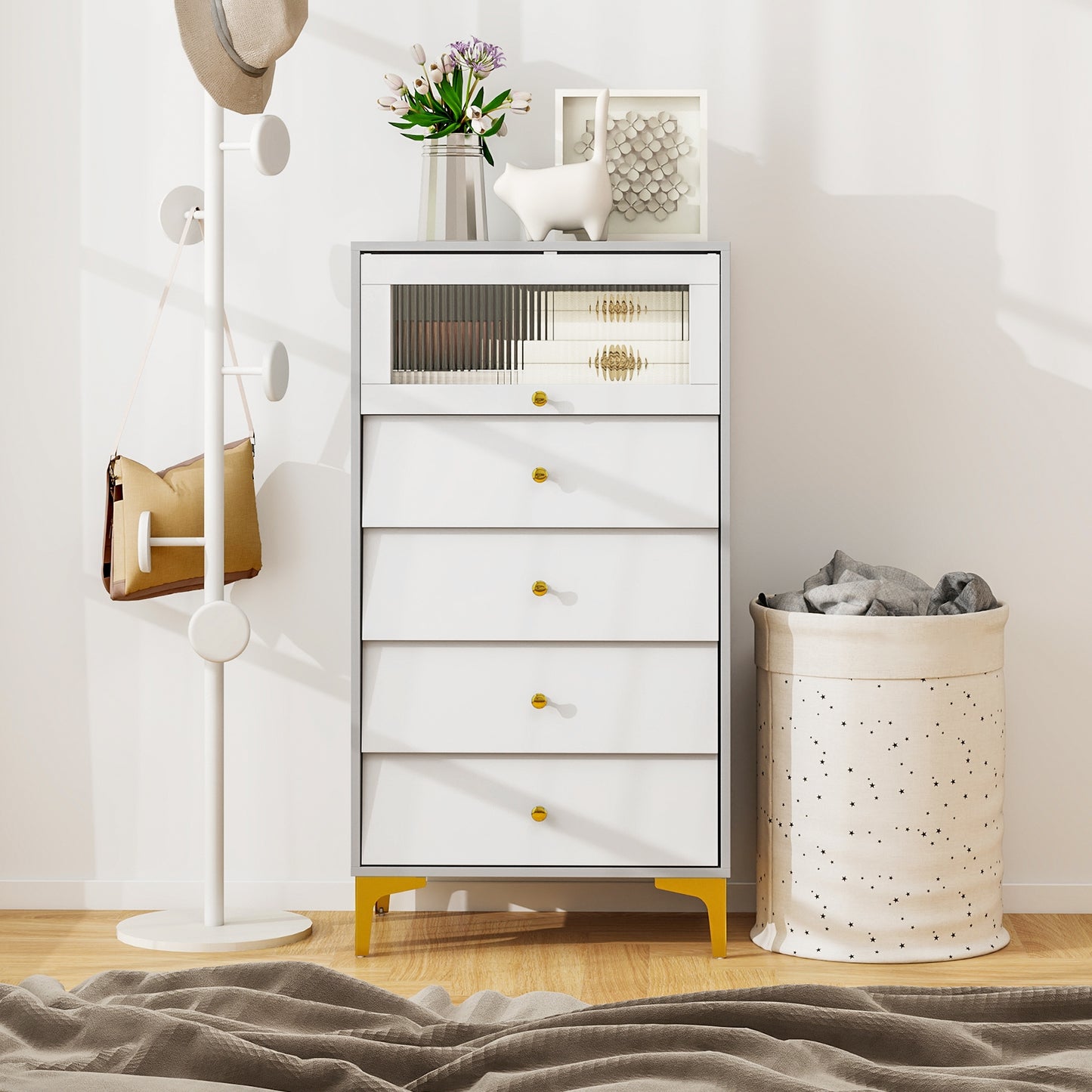 4 Drawer Modern Storage Cabinet with Flip Up Fluted Glass Door-Gray and White Kids Crystal