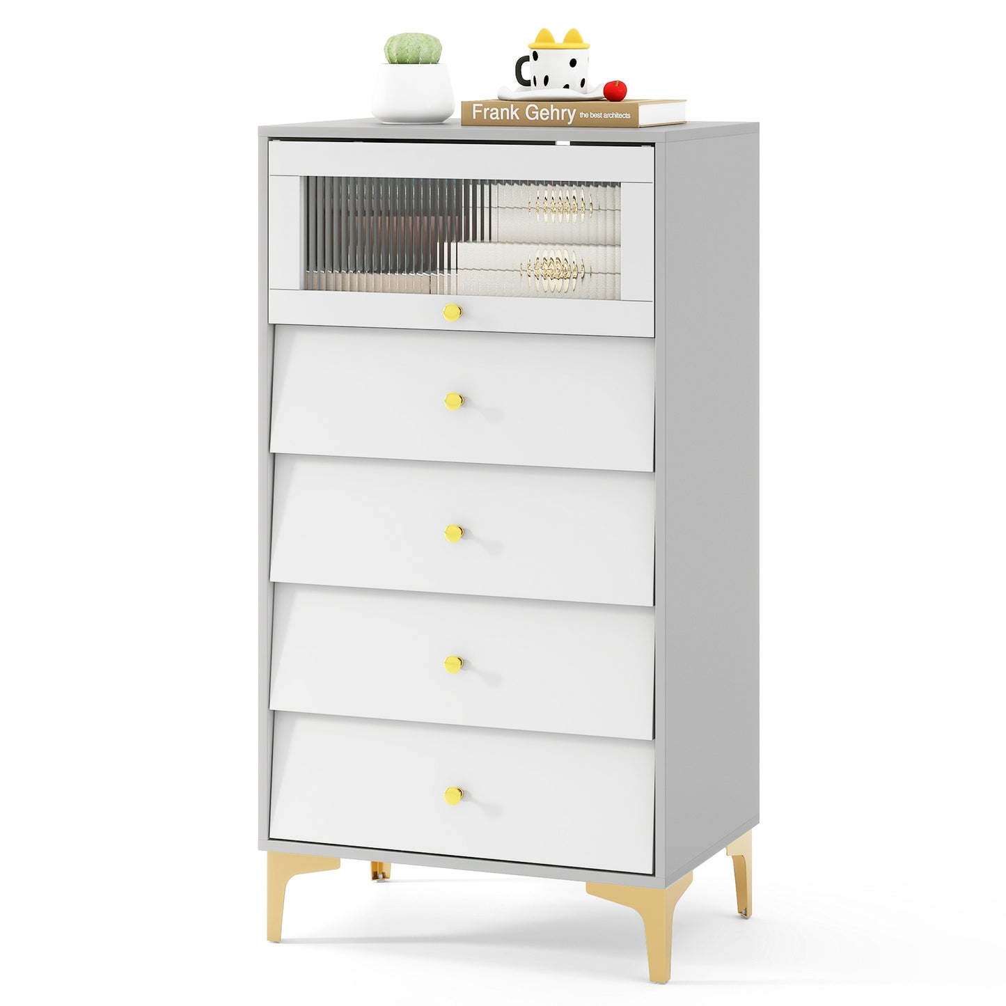 4 Drawer Modern Storage Cabinet with Flip Up Fluted Glass Door-Gray and White Kids Crystal