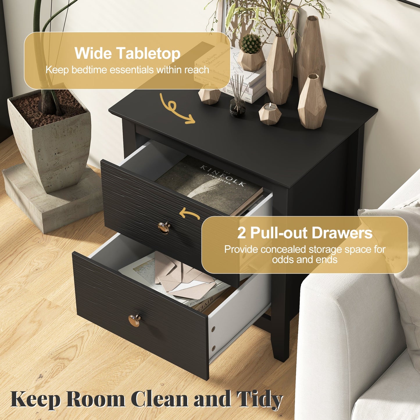 Modern Nightstand with 2 Drawers for Small Spaces-Black Kids Crystal