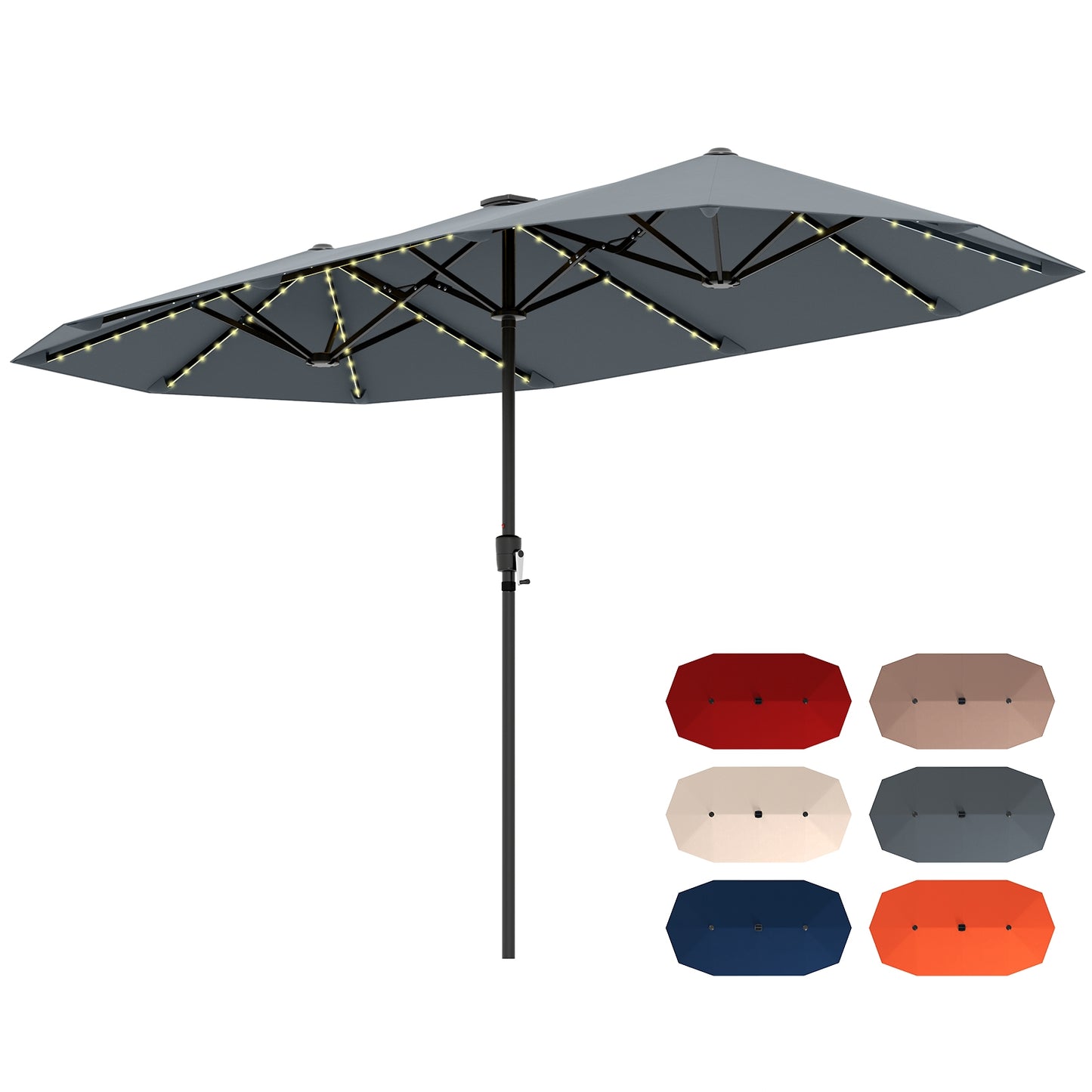 13 FT Large Patio Umbrella with LED Solar Lights and Crank Handle-Gray Kids Crystal