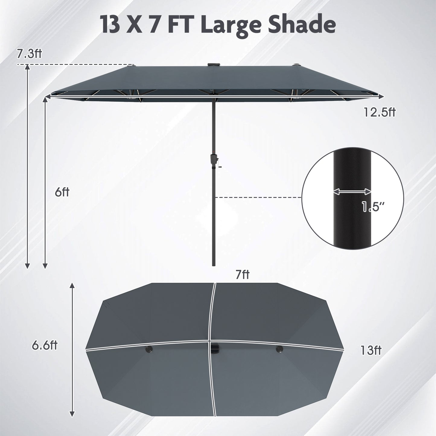 13 FT Large Patio Umbrella with LED Solar Lights and Crank Handle-Gray Kids Crystal