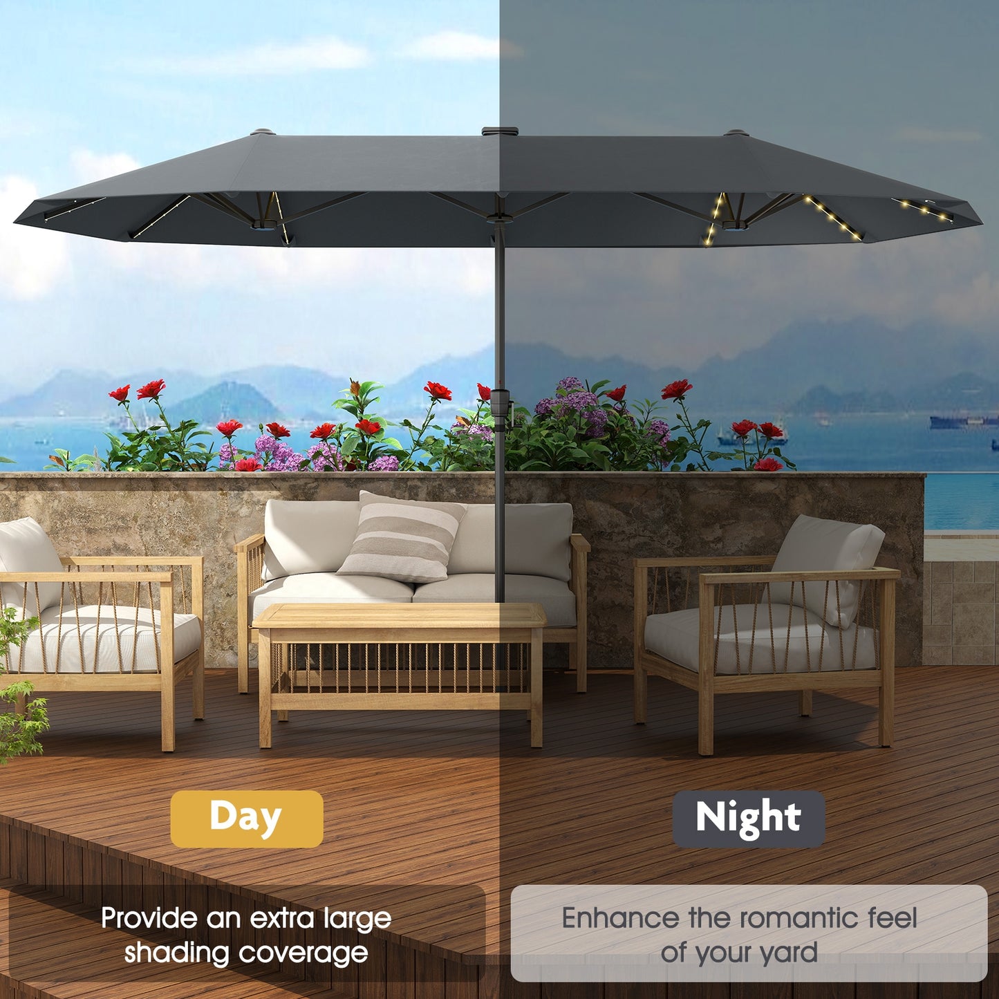 13 FT Large Patio Umbrella with LED Solar Lights and Crank Handle-Gray Kids Crystal