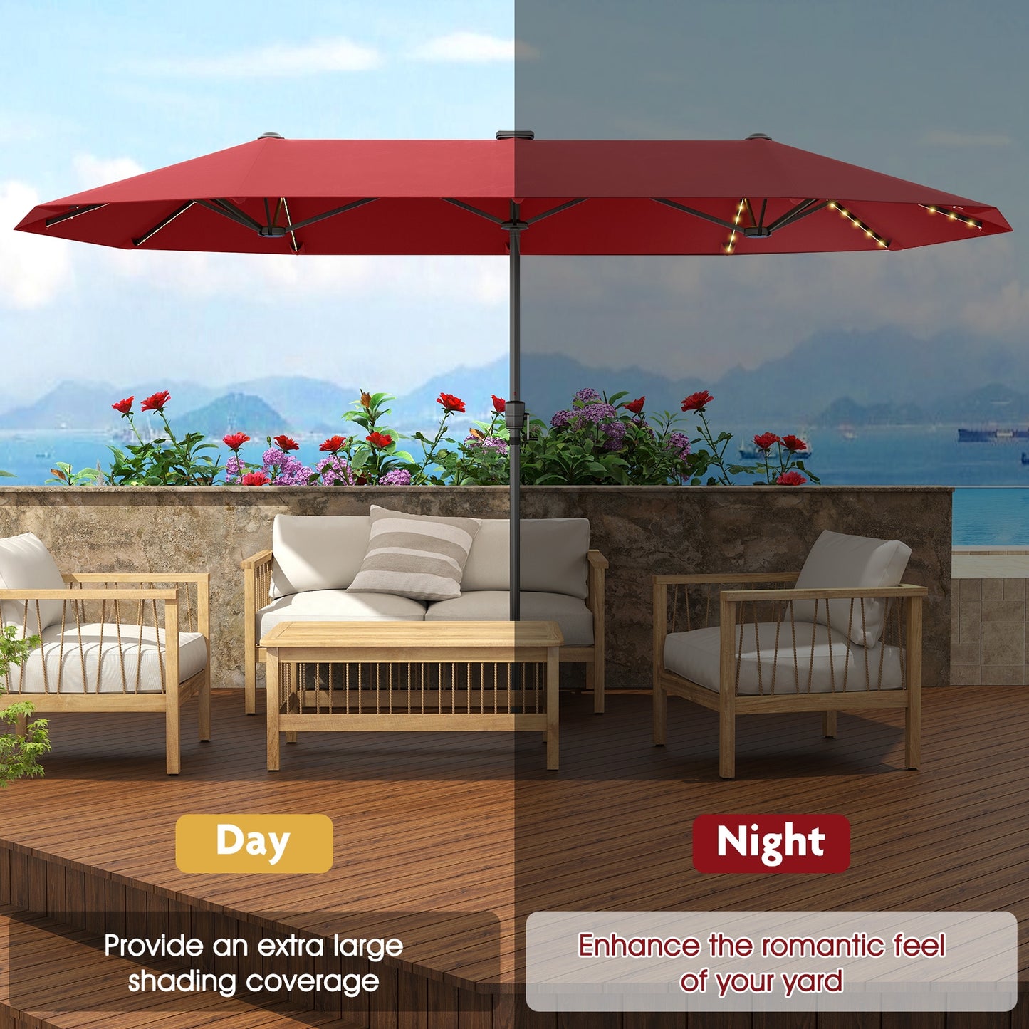 13 FT Large Patio Umbrella with LED Solar Lights and Crank Handle-Red Kids Crystal
