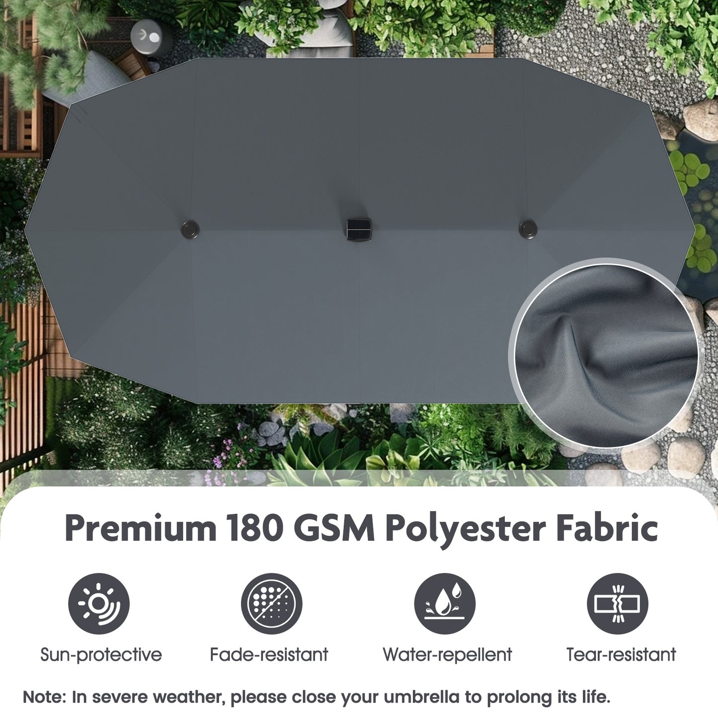 13 FT Large Patio Umbrella with LED Solar Lights and Crank Handle-Gray Kids Crystal