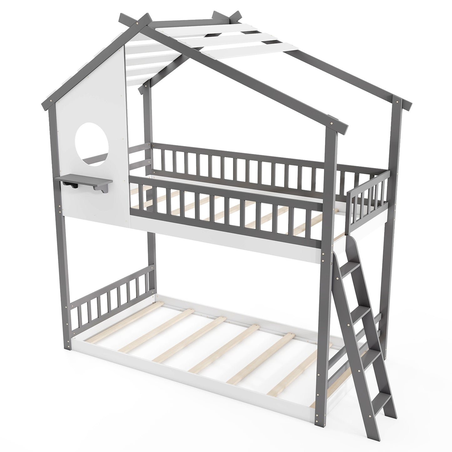Twin over Twin House Bunk Bed with Roof and Guardrails for Kids-White & Gray