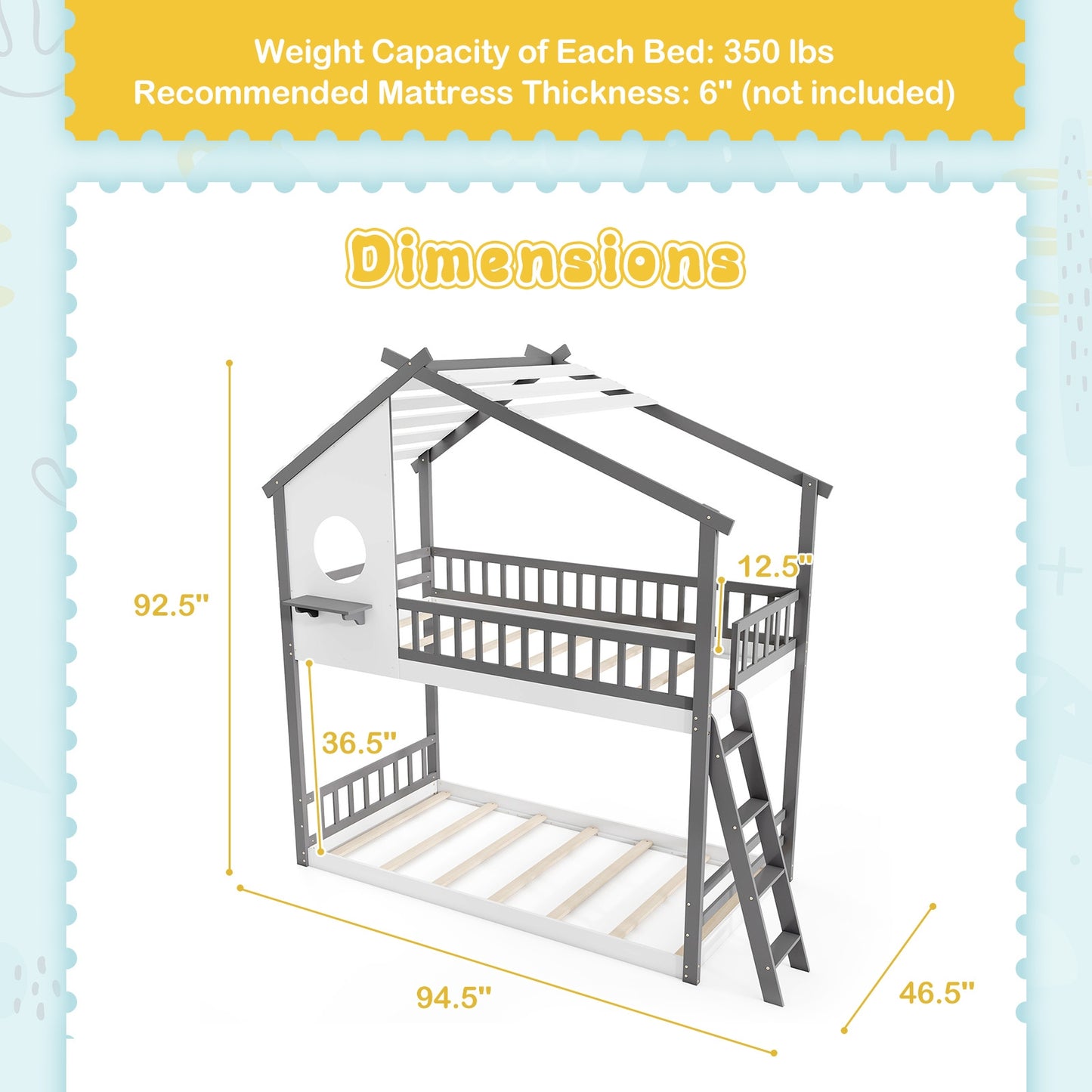 Twin over Twin House Bunk Bed with Roof and Guardrails for Kids-White & Gray