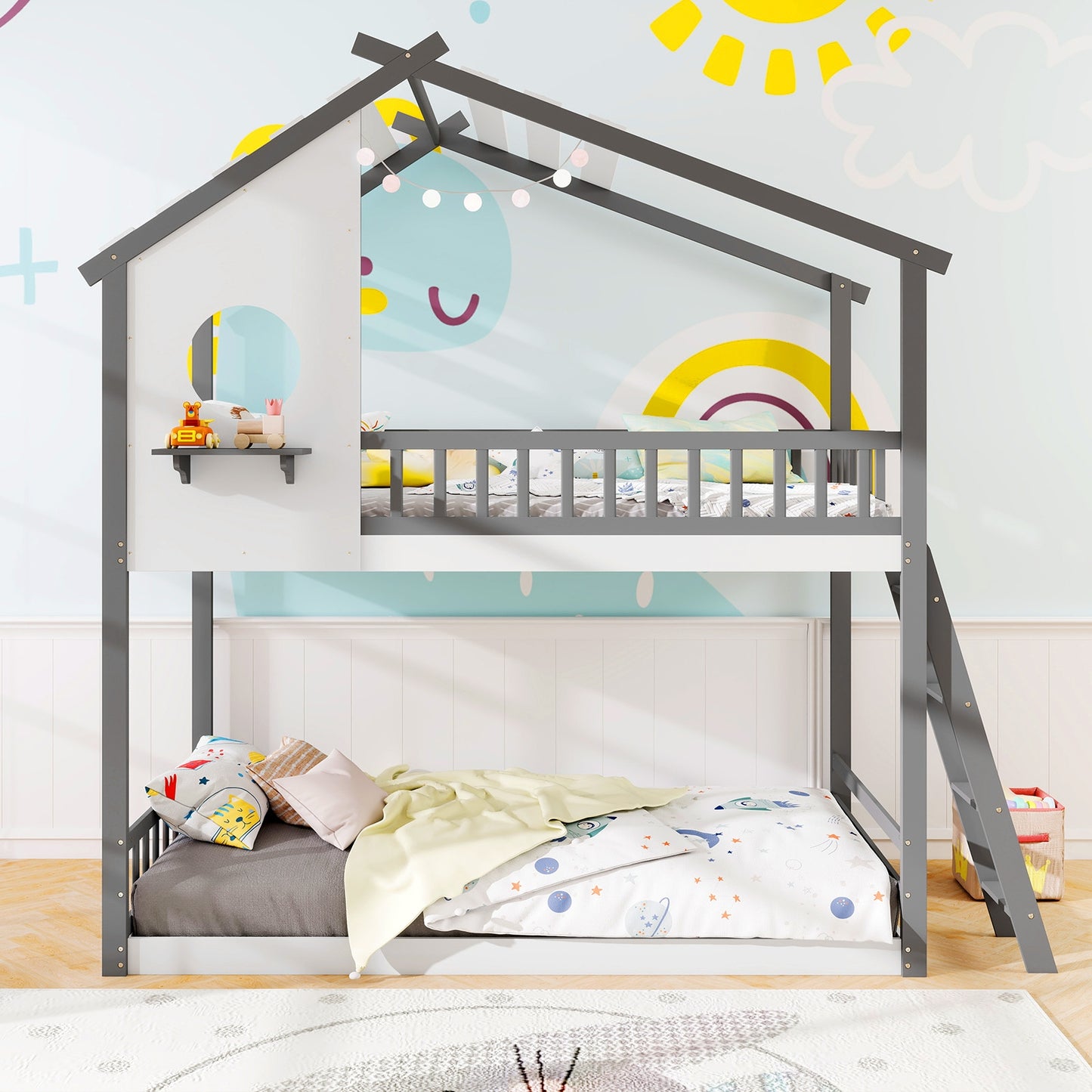Twin over Twin House Bunk Bed with Roof and Guardrails for Kids-White & Gray