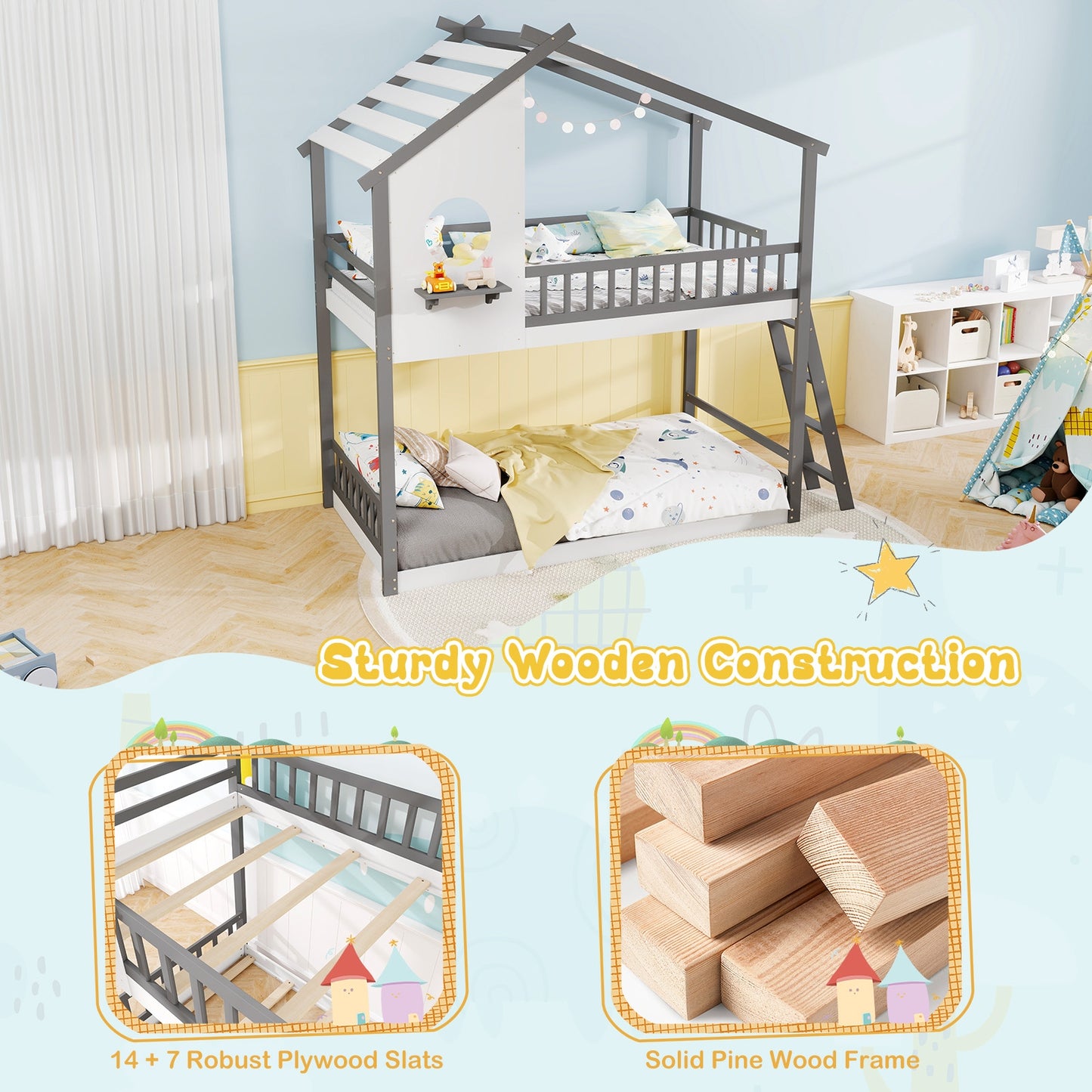 Twin over Twin House Bunk Bed with Roof and Guardrails for Kids-White & Gray
